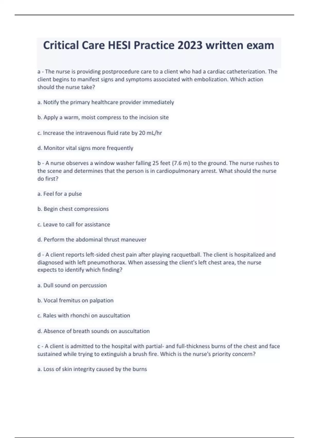 Critical Care HESI Practice 2023 written exam - Critical Care HESI ...