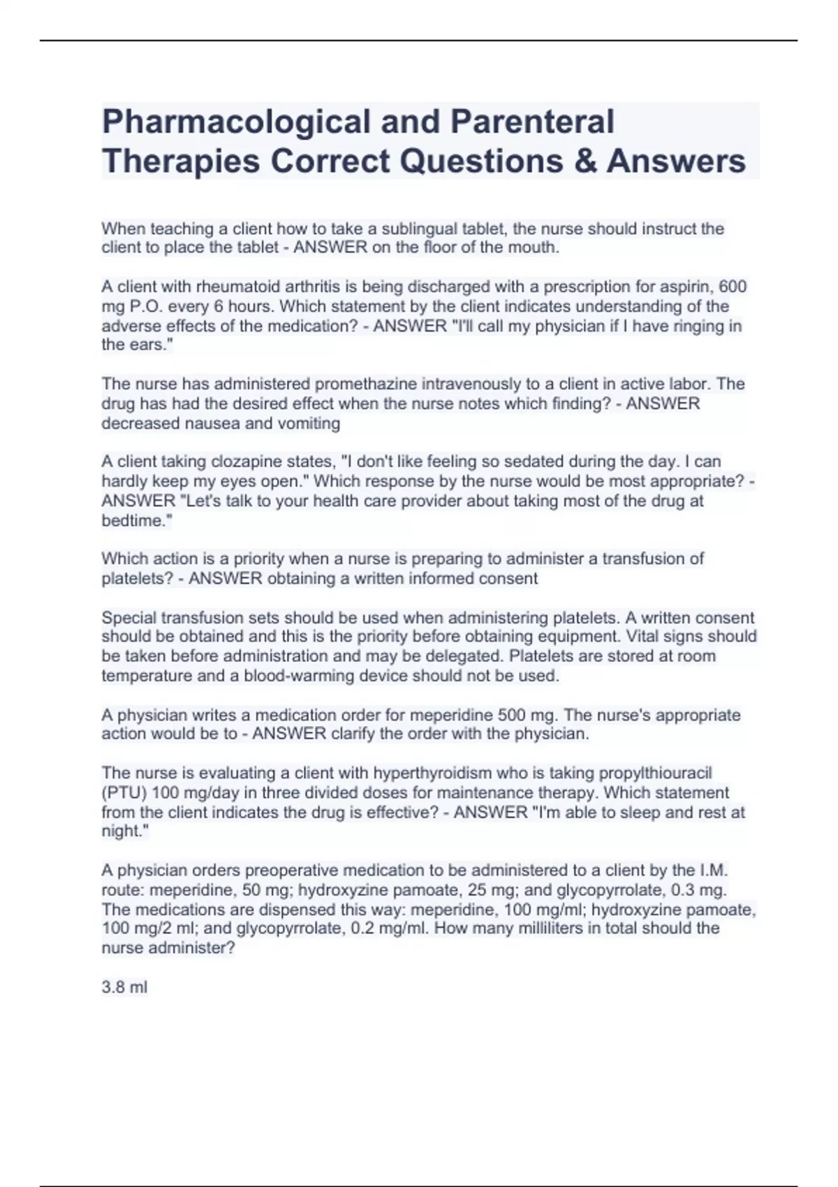 Pharmacological and Parenteral Therapies Correct Questions & Answers ...