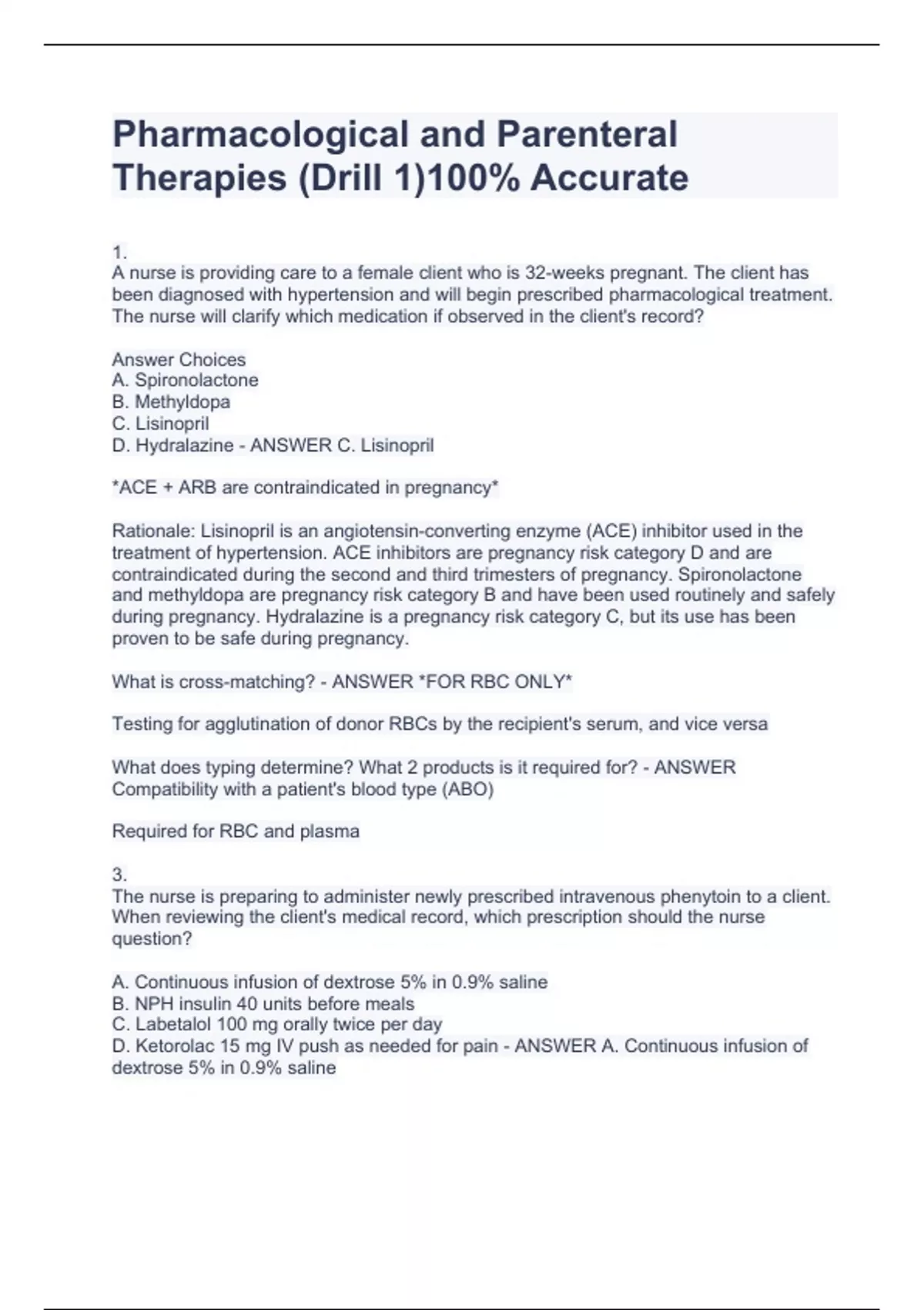 Pharmacological and Parenteral Therapies (Drill 1)100% Accurate ...