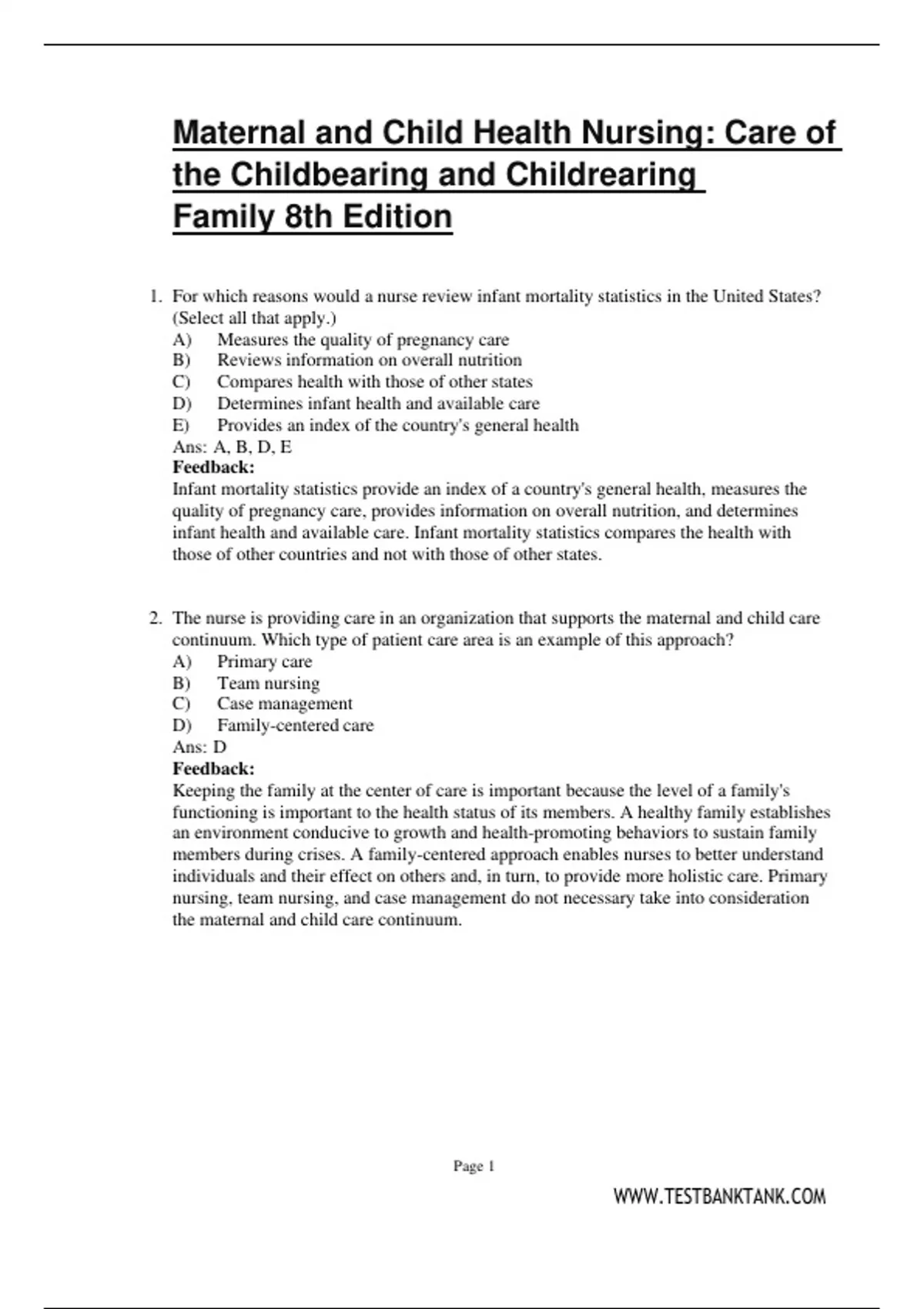 Test Bank On Maternal and Child Health Nursing Care of the