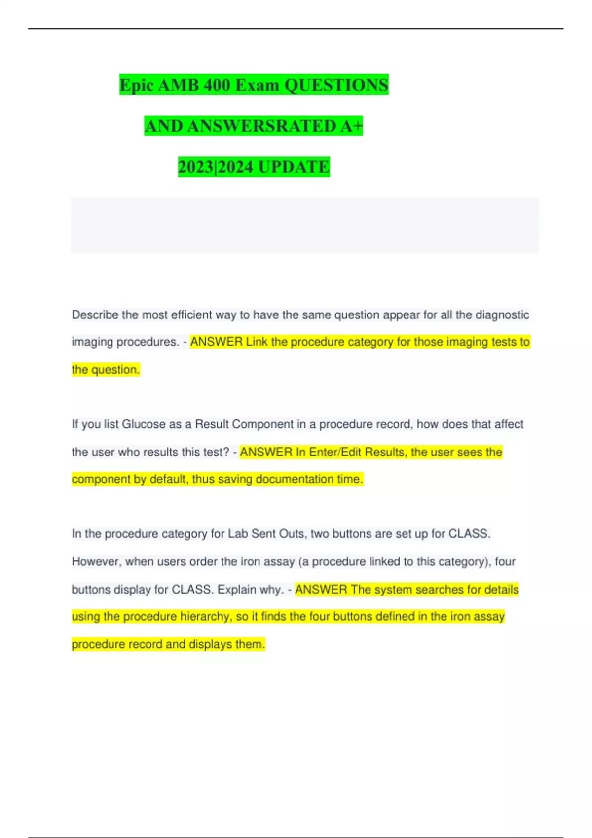 Epic AMB 400 Exam QUESTIONS AND ANSWERSRATED A+ 20232024 UPDATE Epic