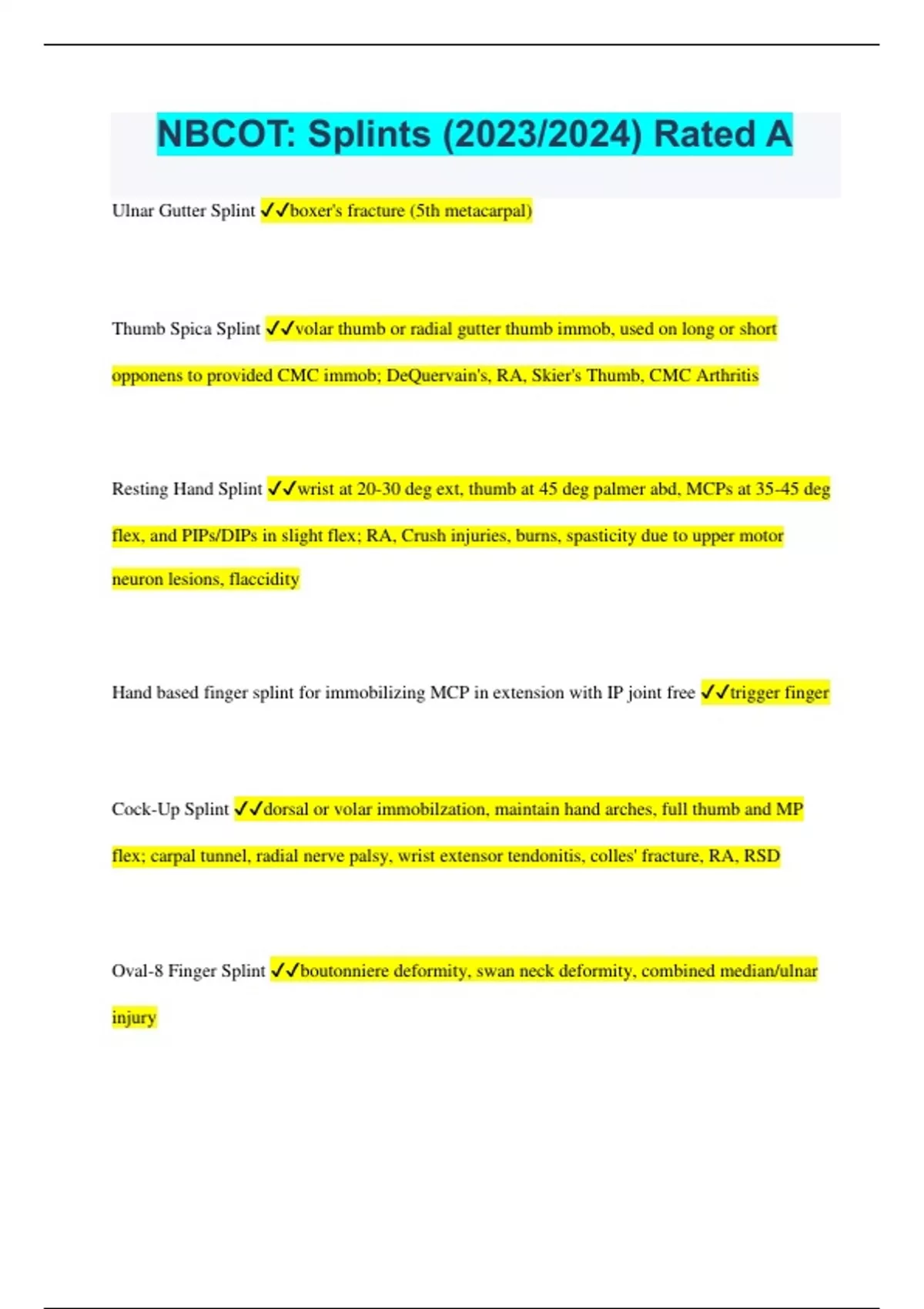 NBCOT Splints (2023/2024) Rated A NBCOT Splints Stuvia US