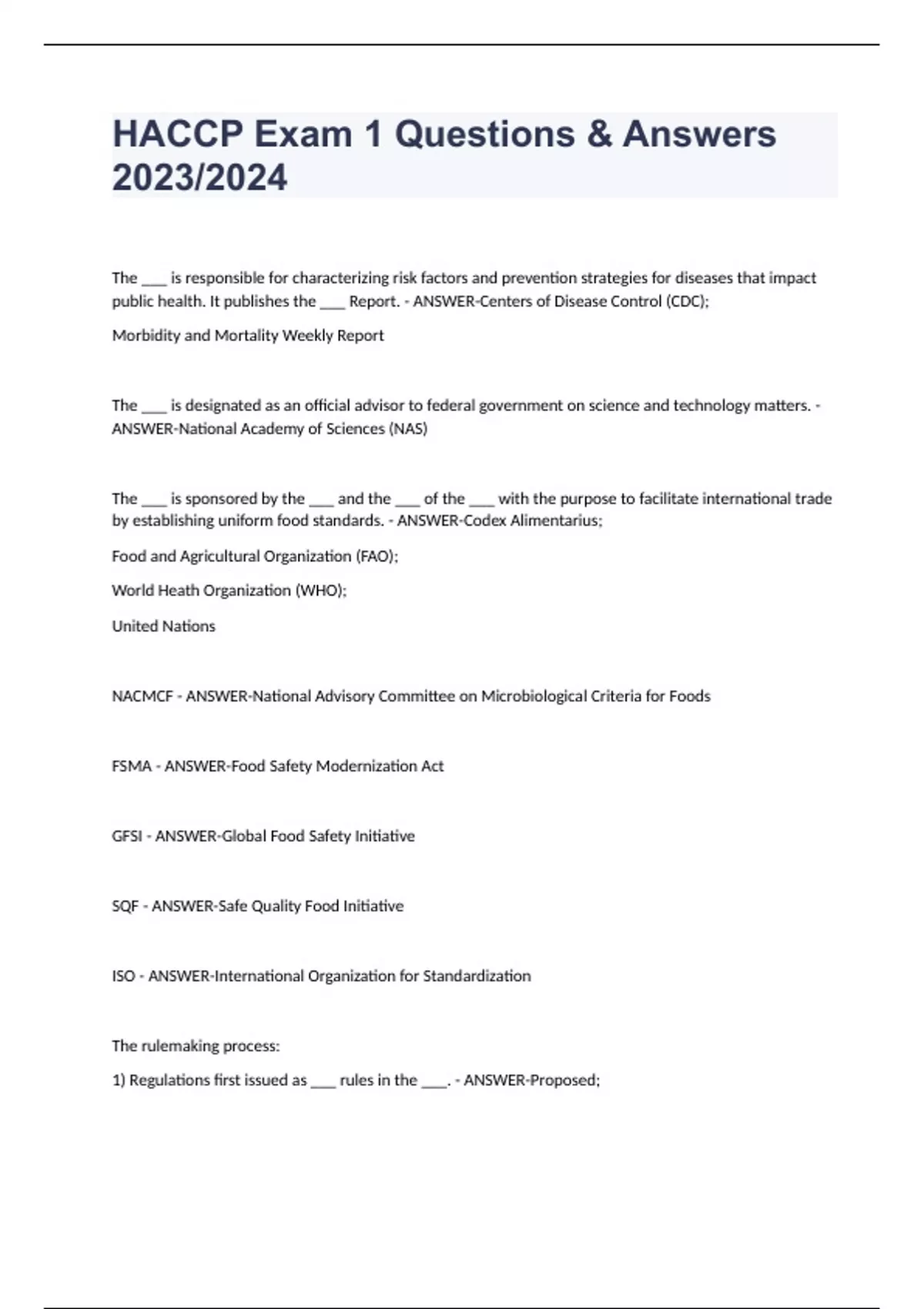 HACCP Exam 1 Questions & Answers 2023/2024 HACCP Stuvia US