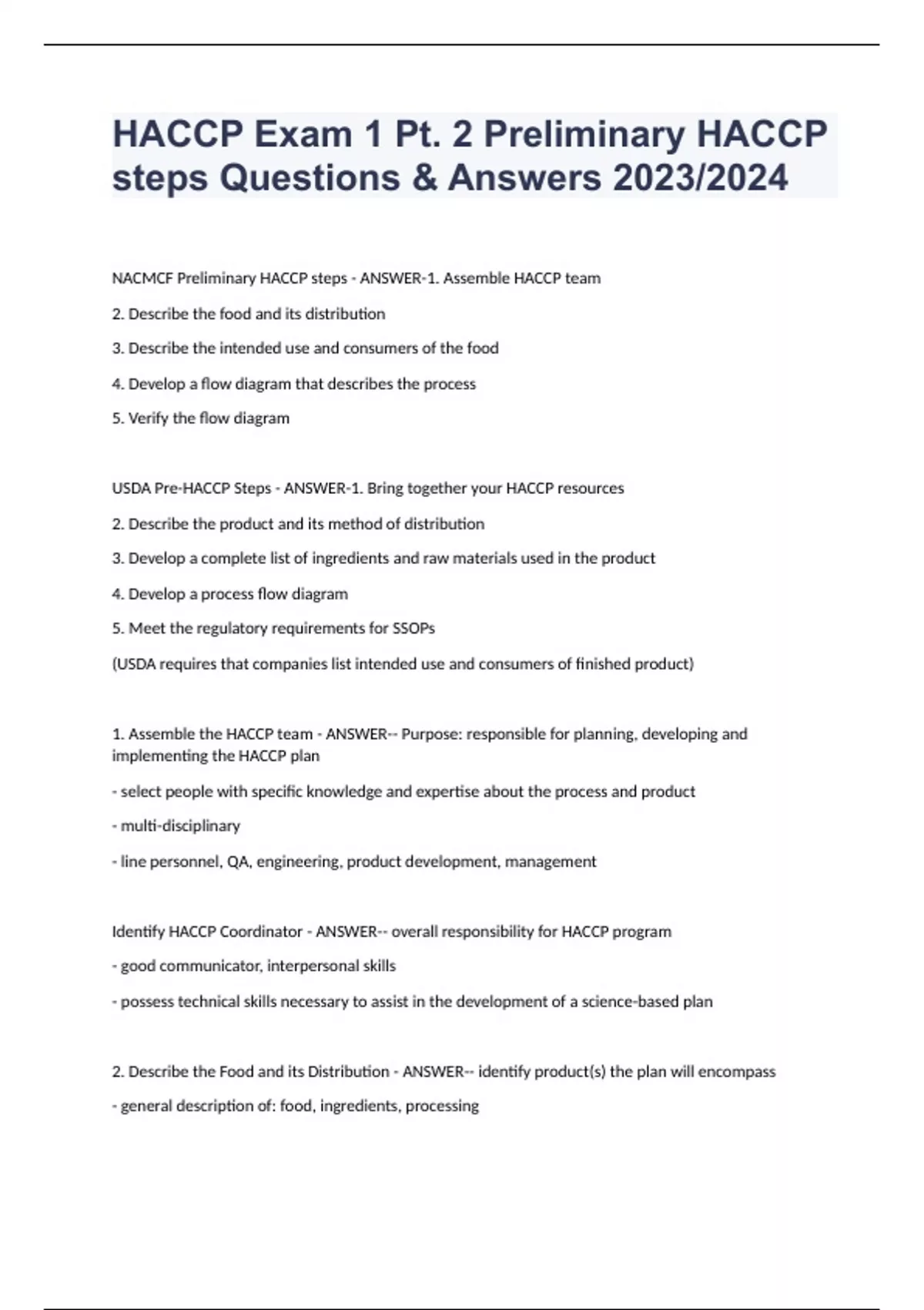 HACCP Exam 1 Pt. 2 Preliminary HACCP steps Questions & Answers 2023/