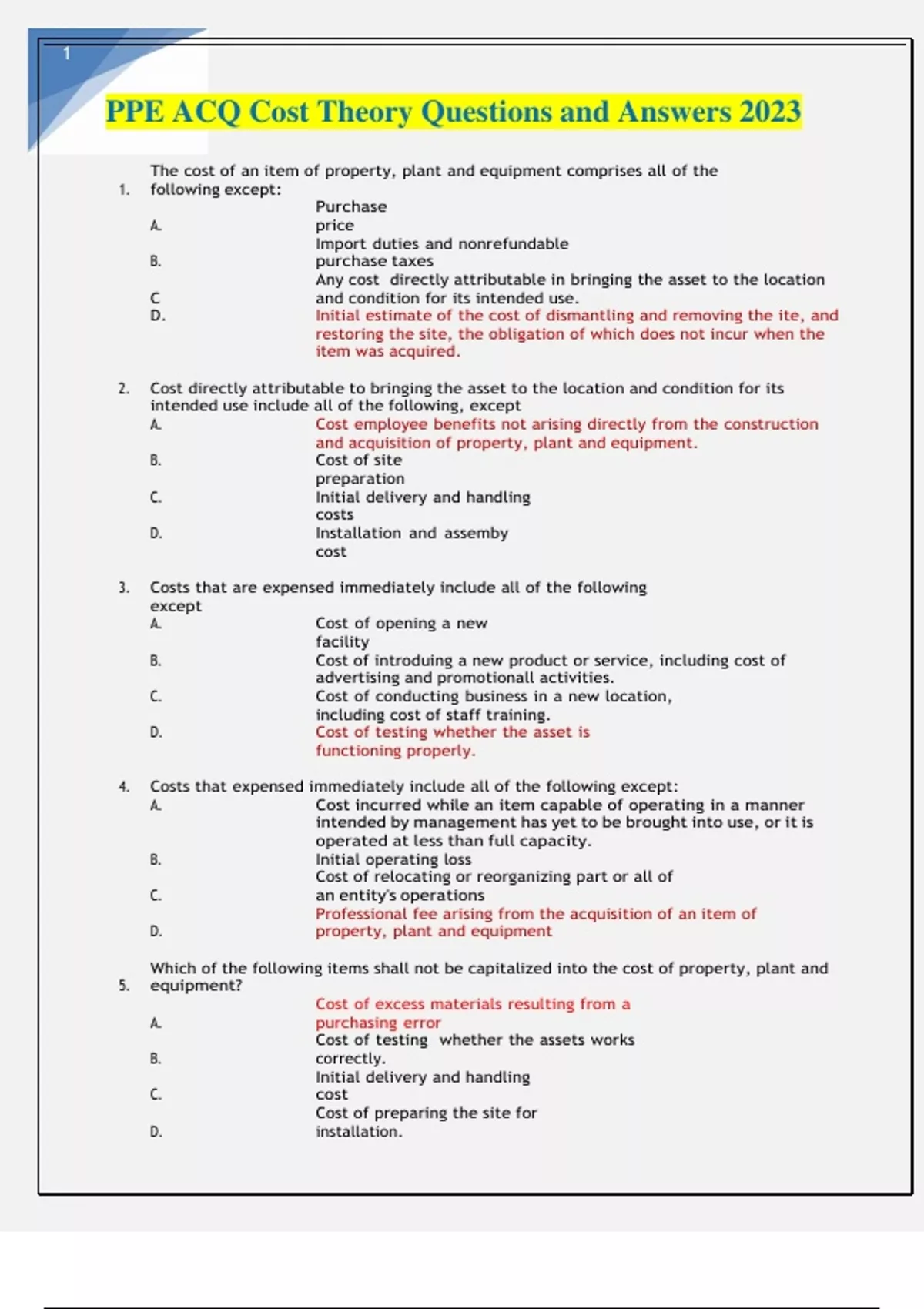 PPE ACQ Cost Theory Questions and Answers 2023 PPE ACQ Cost Theory
