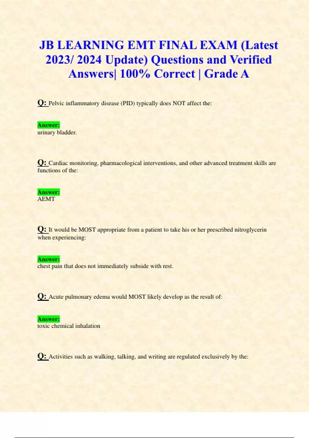 JB LEARNING EMT FINAL EXAM (Latest 2023/ 2024 Update) Questions and