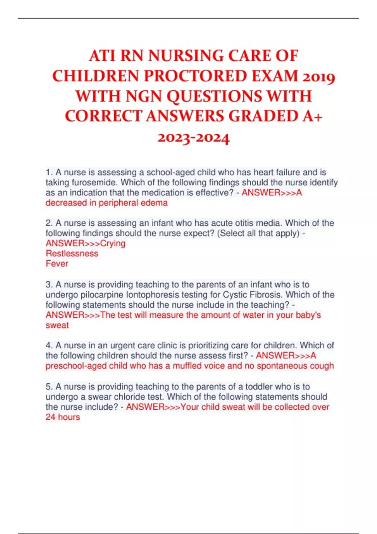 ATI RN NURSING CARE OF CHILDREN PROCTORED EXAM 2019 WITH NGN QUESTIONS ...