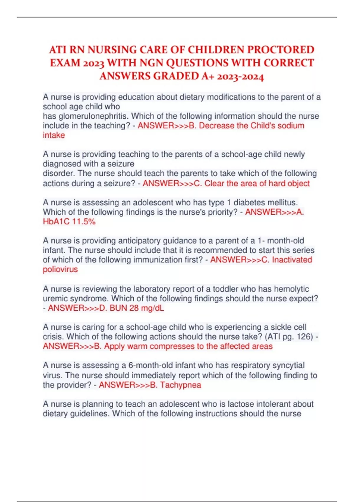 ATI RN NURSING CARE OF CHILDREN PROCTORED EXAM 2023 WITH NGN QUESTIONS ...