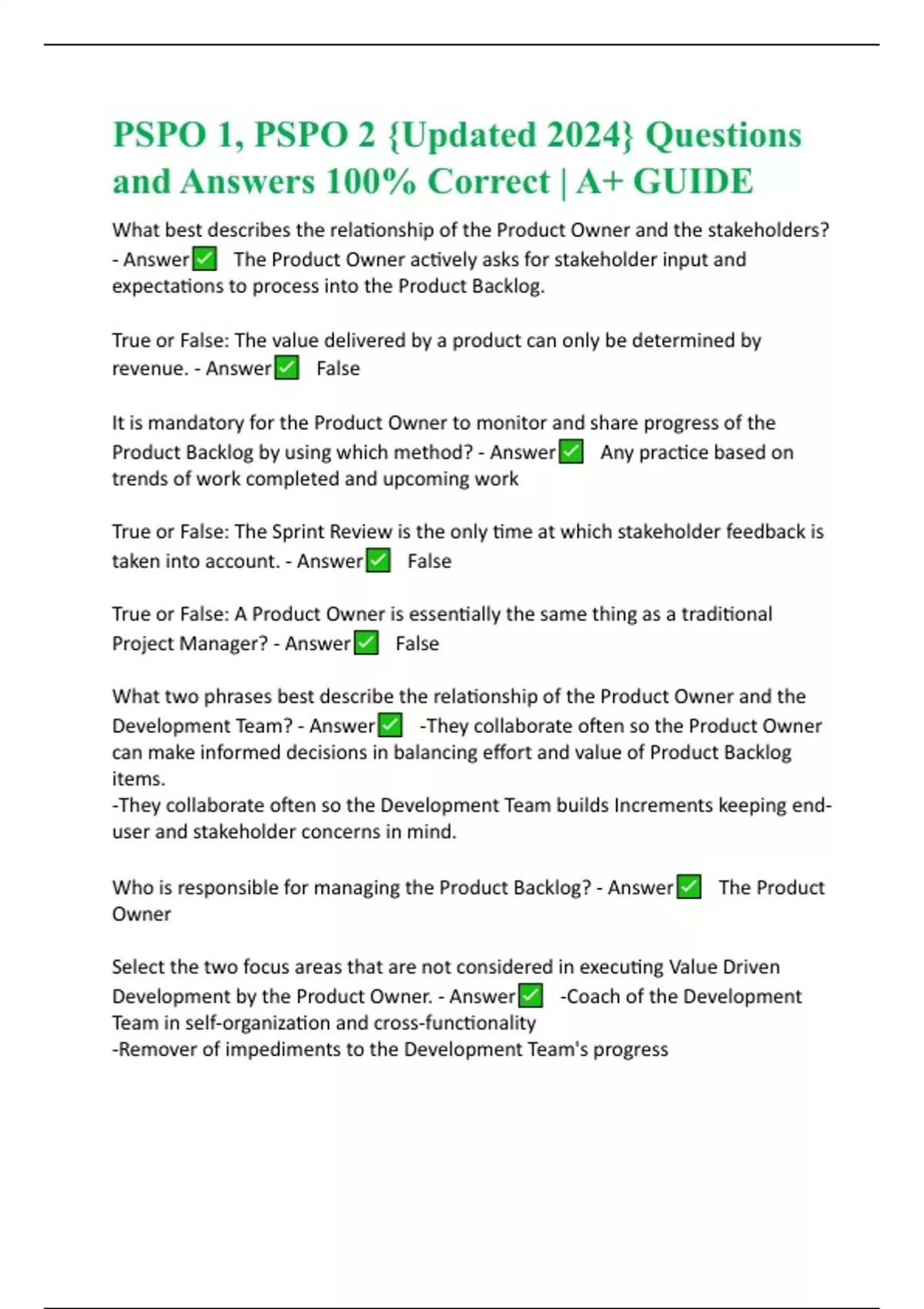 PSPO 1, PSPO 2 {Updated 2024} Questions and Answers 100 Correct A+