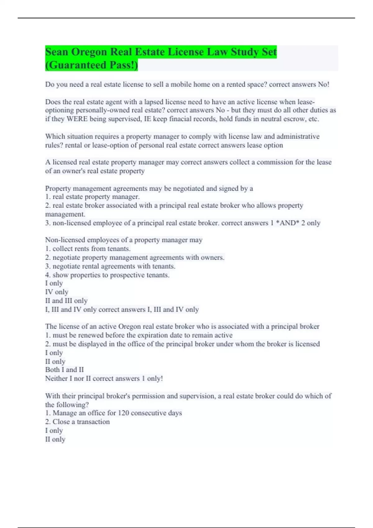 Sean Oregon Real Estate License Law Study Set (Guaranteed Pass