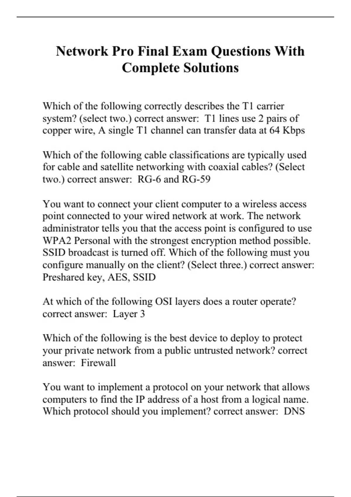 Network Pro Final Exam Questions With Complete Solutions CNP