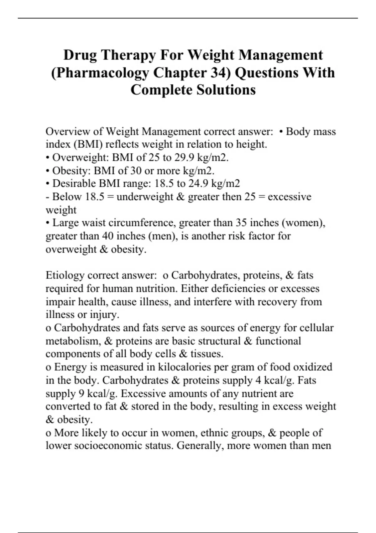 Drug Therapy For Weight Management (Pharmacology Chapter 34) Questions ...