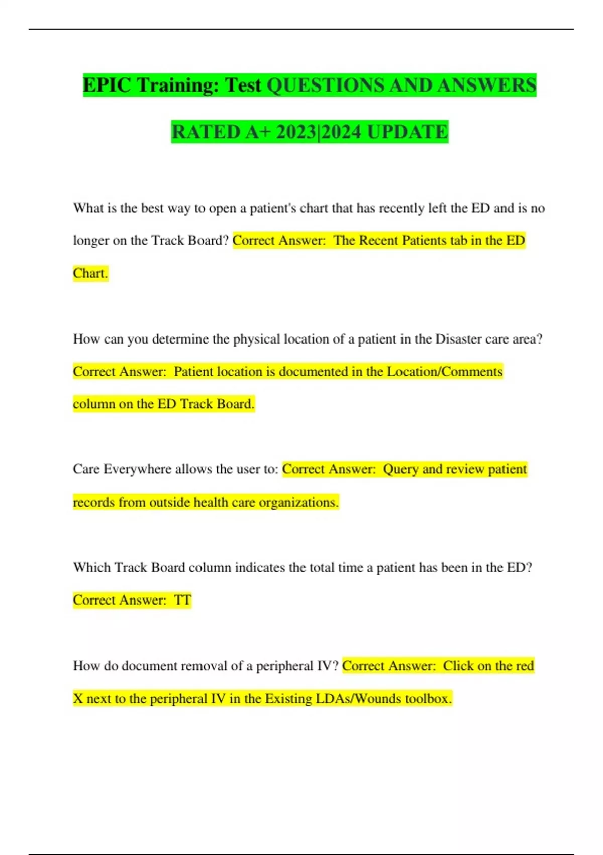 EPIC Training Test QUESTIONS AND ANSWERS RATED A+ 20232024 UPDATE