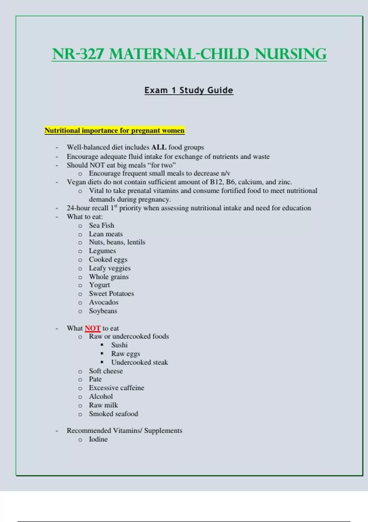 Exam 1 Study Guide - NR327 / NR 327 (Latest 2023 / 2024) : Maternal ...