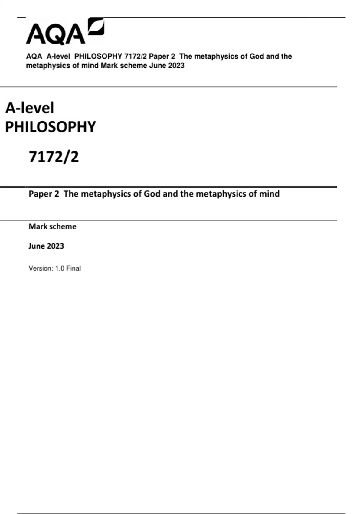 AQA A-level PHILOSOPHY 7172/2 Paper 2 The metaphysics of God and the ...