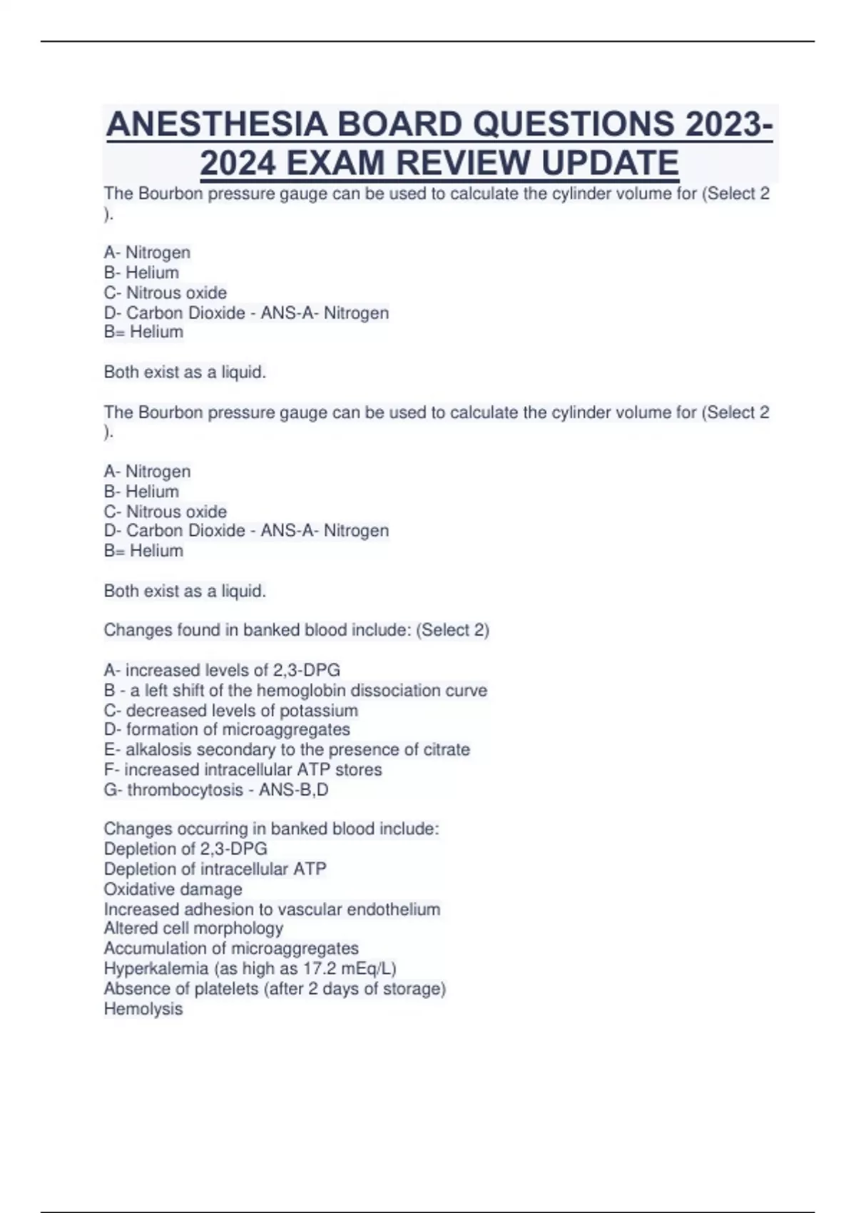ANESTHESIA BOARD QUESTIONS EXAM REVIEW UPDATE Anesthesia Stuvia US