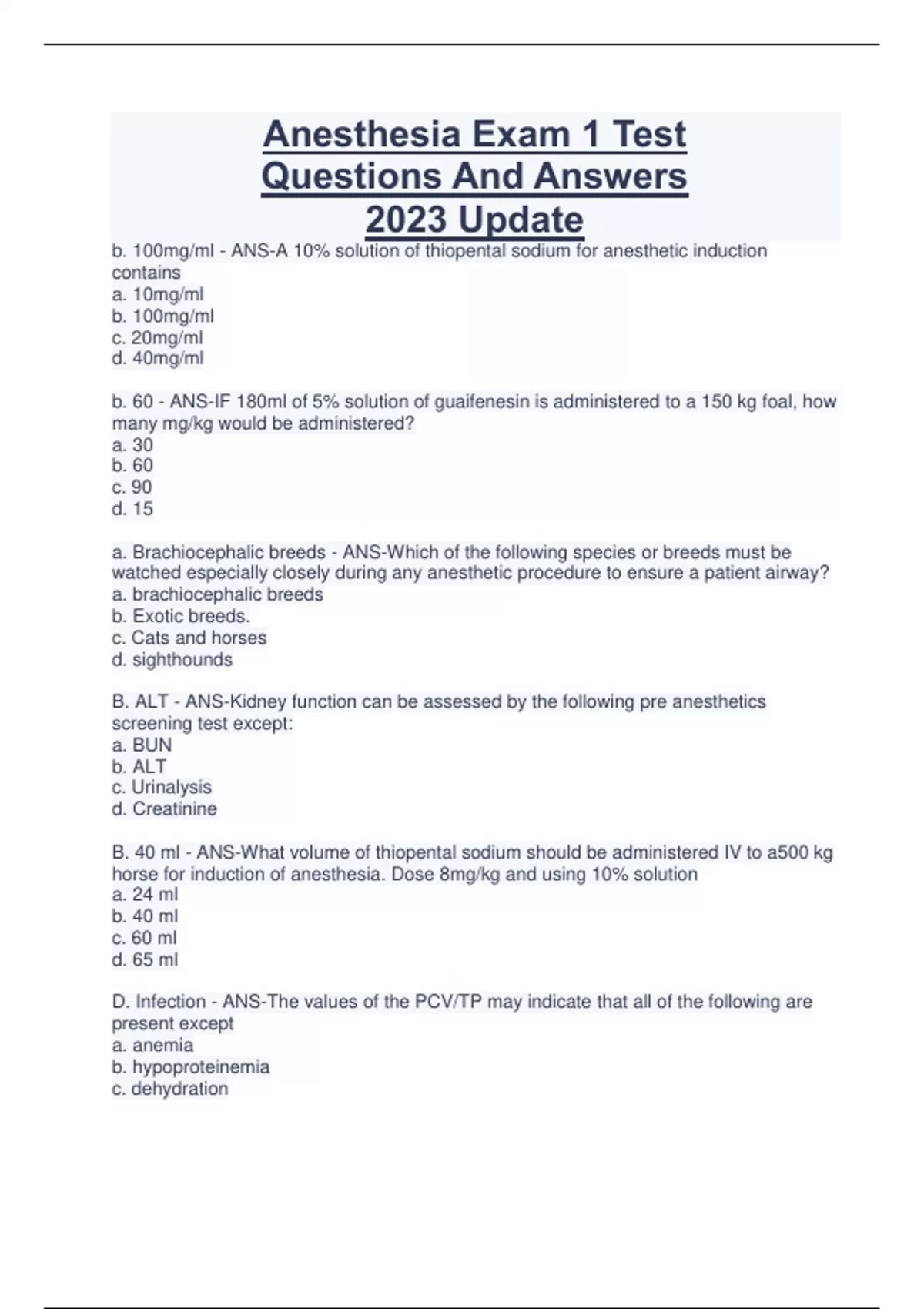 Anesthesia Exam 1 Test Questions And Answers 2023 Update Anesthesia