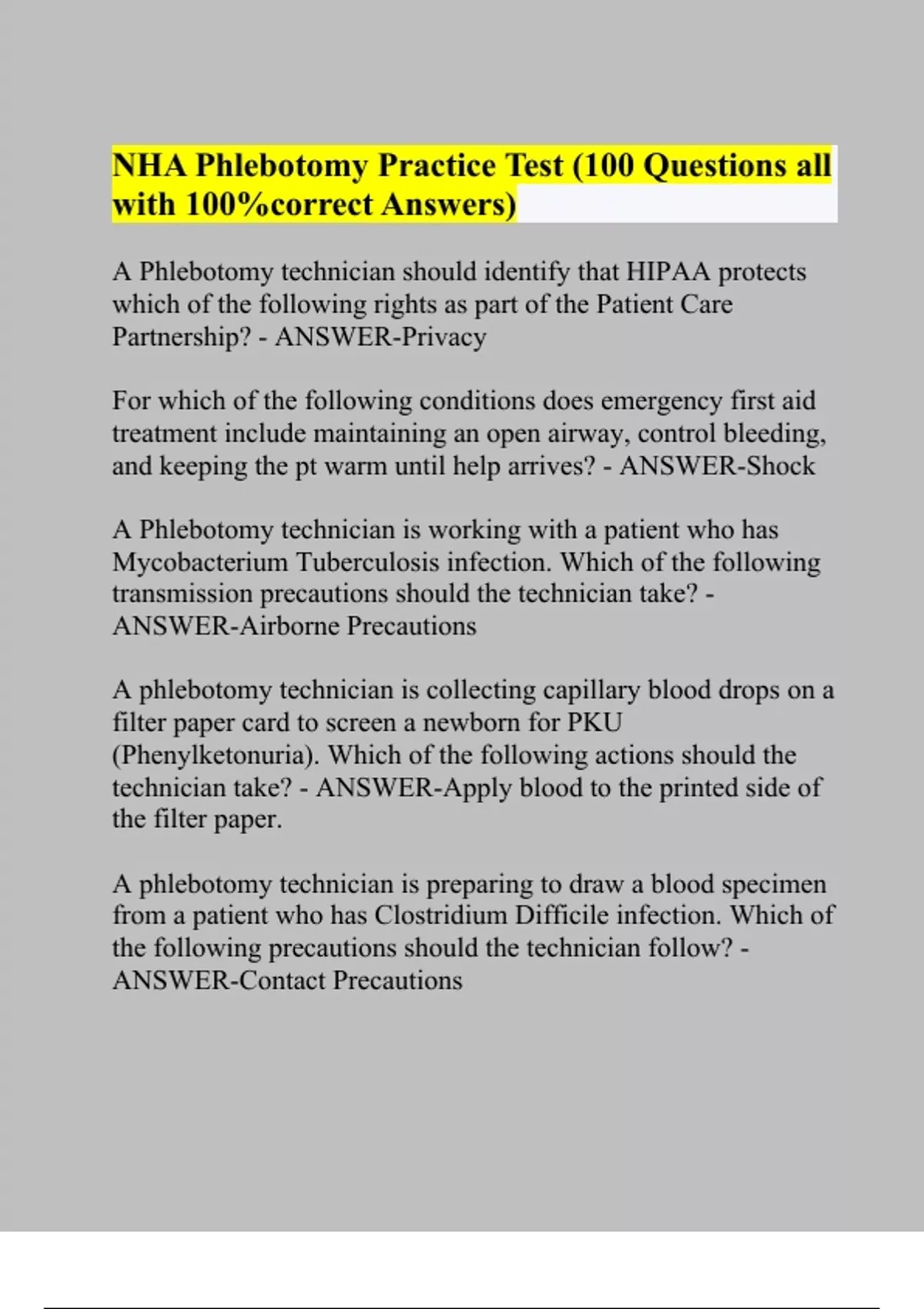 NHA Phlebotomy Practice Test (100 Questions all with 100%correct