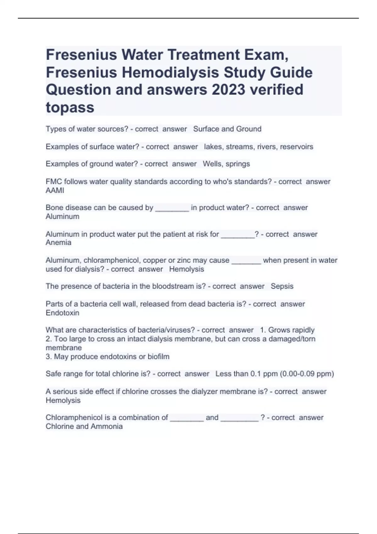 Fresenius Water Treatment Exam Question and answers rated A+ 2023