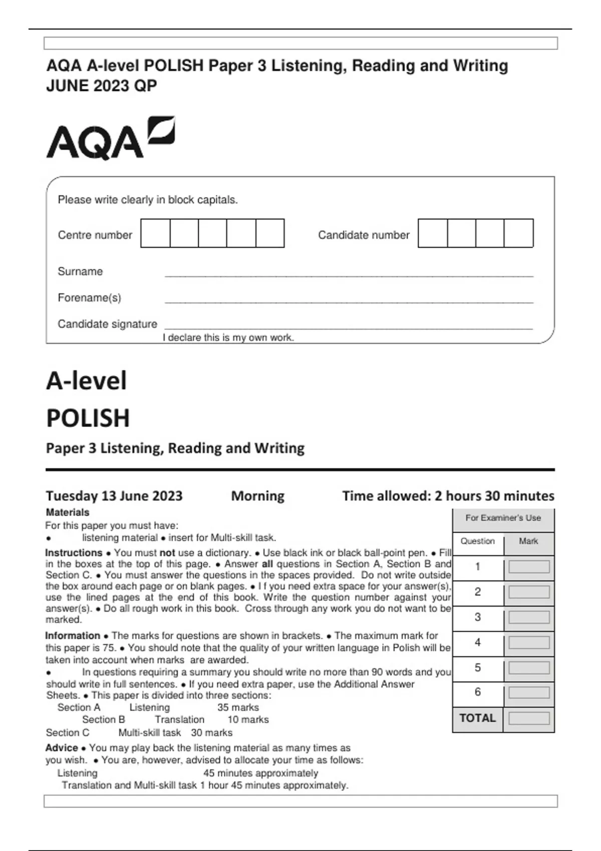 AQA A-level POLISH Paper 3 Listening, Reading and Writing JUNE 2023 QP ...