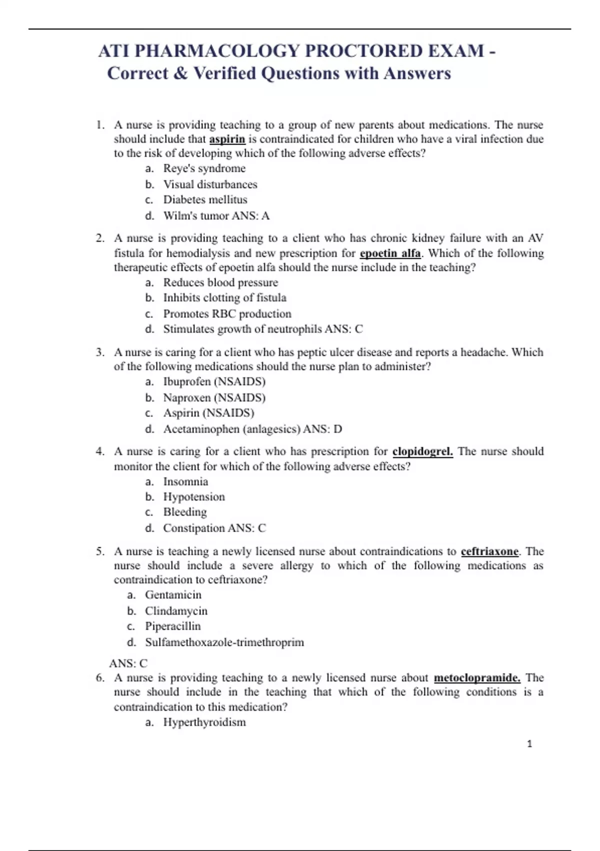 ATI PHARMACOLOGY PROCTORED EXAM - Correct & Verified Questions with ...