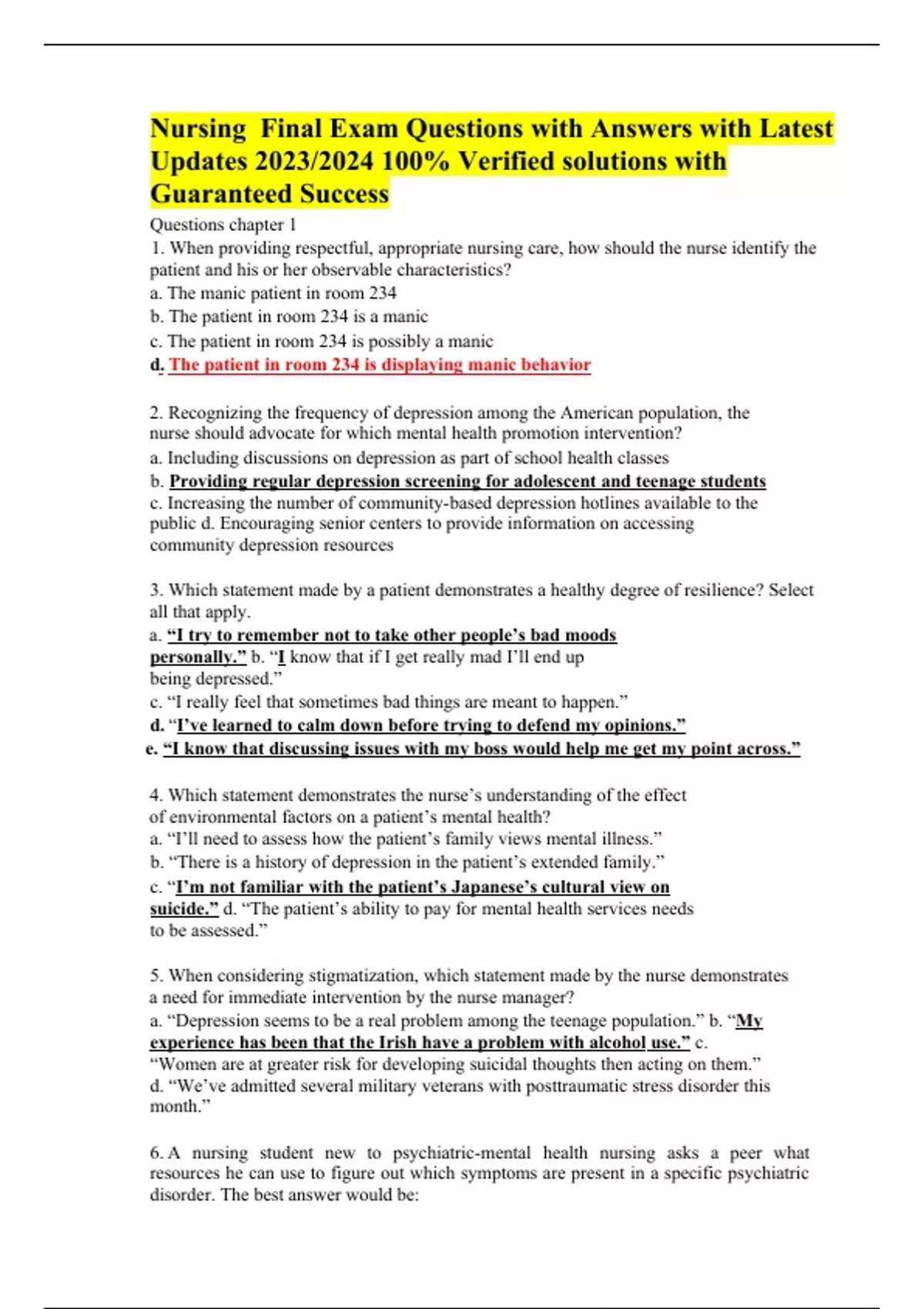 Nursing Final Exam Questions with Answers with Latest Updates 2023/2024 ...