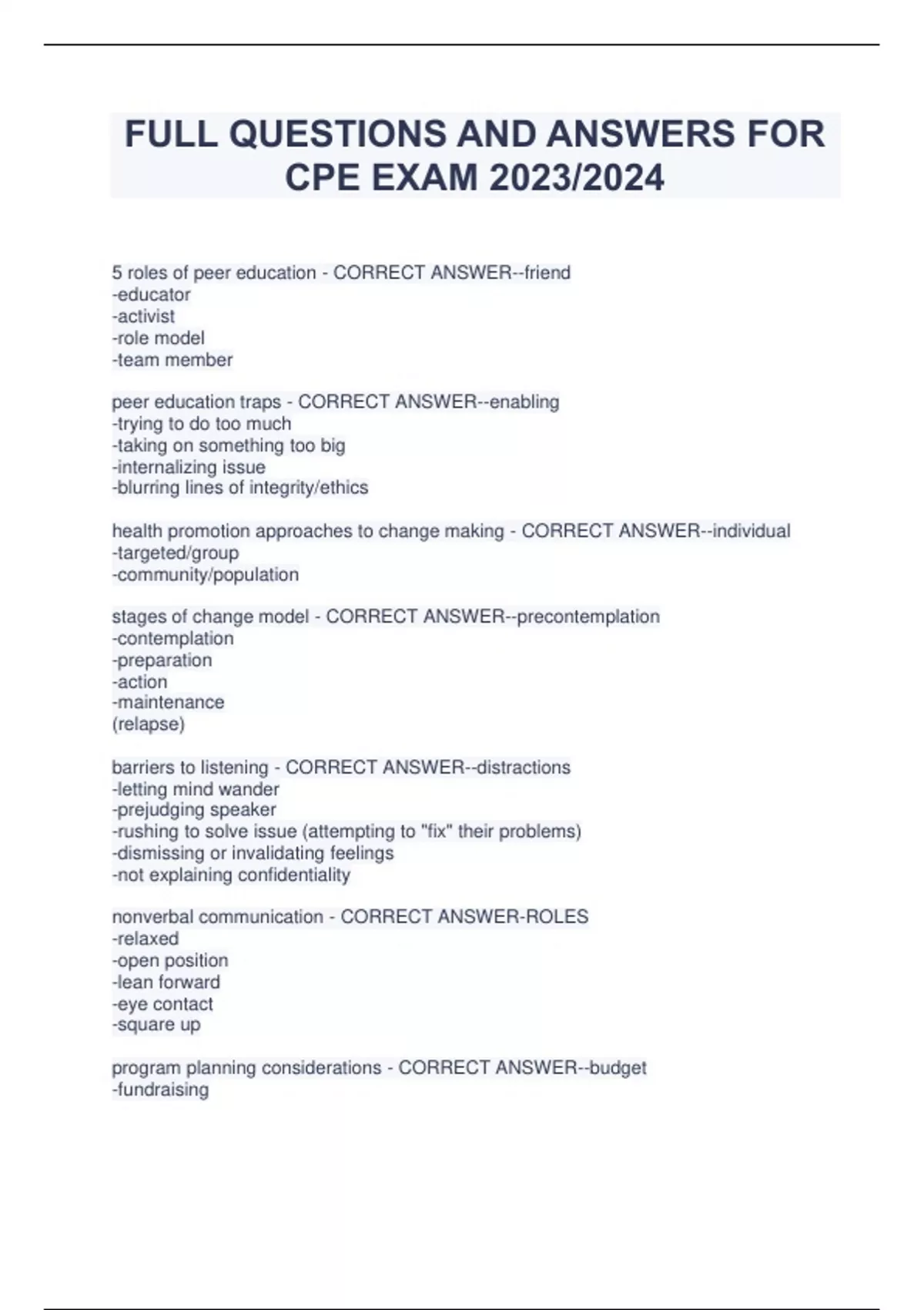 FULL QUESTIONS AND ANSWERS FOR CPE EXAM 2023/2024 - Cpe - Stuvia US