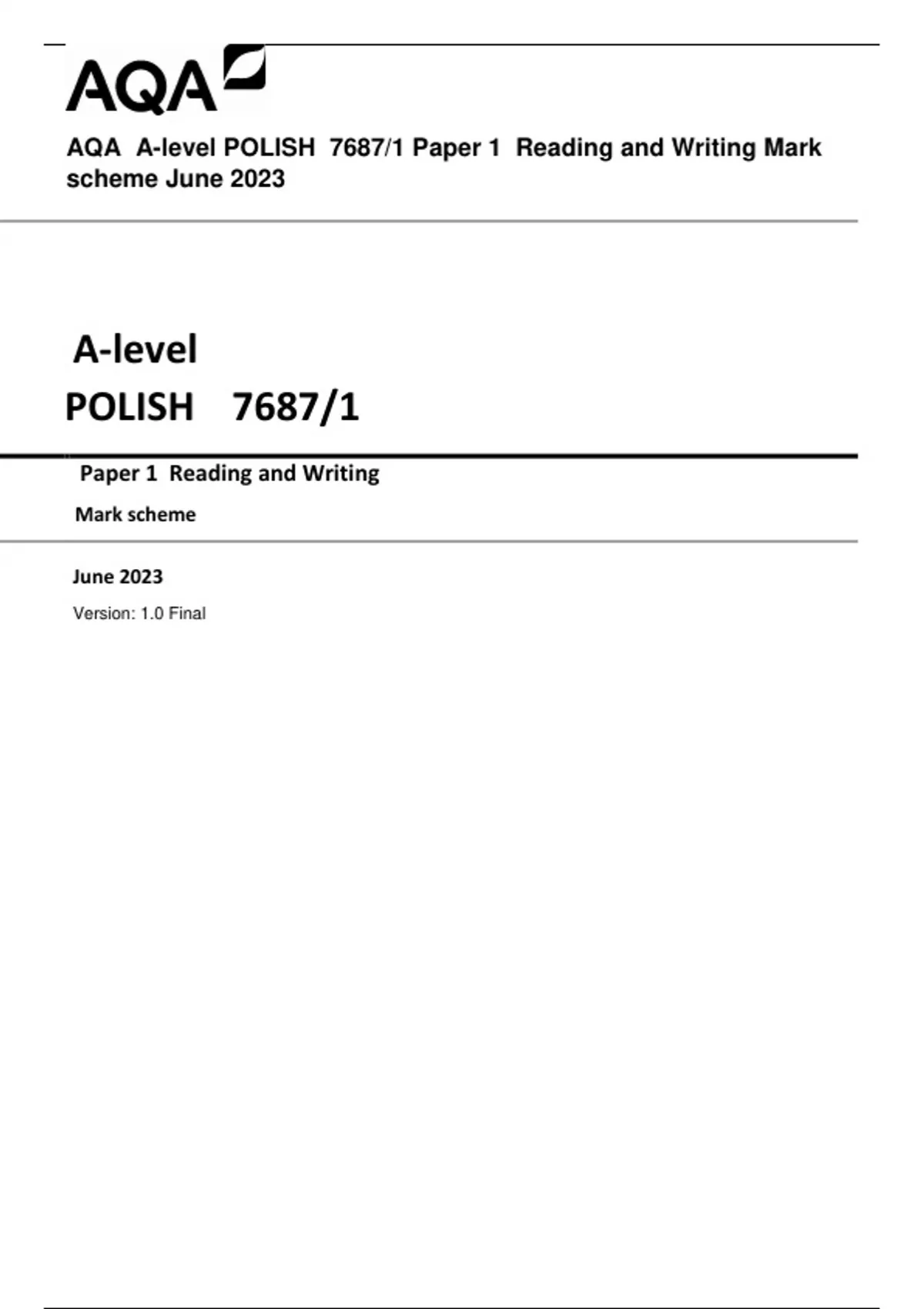 AQA Alevel POLISH 7687/1 Paper 1 Reading and Writing Mark scheme June