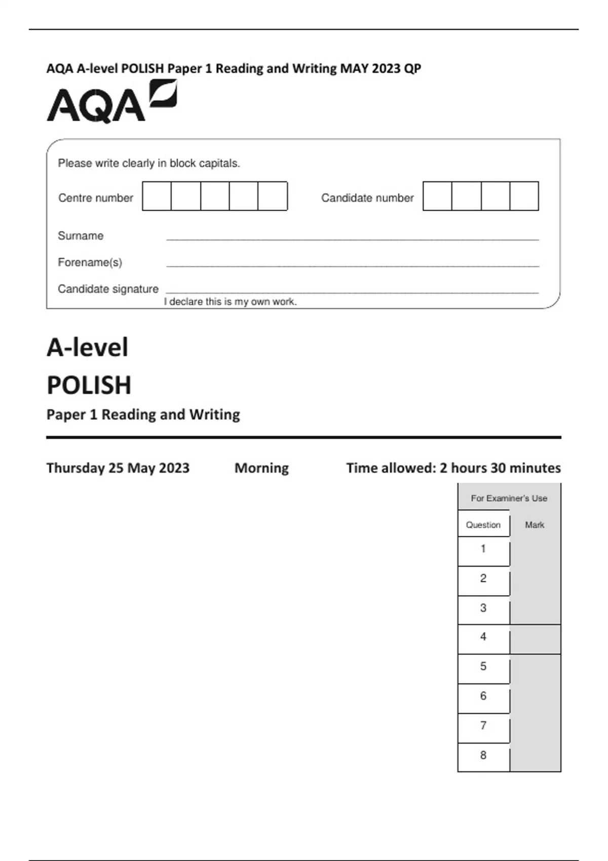 AQA A-level POLISH Paper 1 Reading and Writing MAY 2023 QP - AQA ...