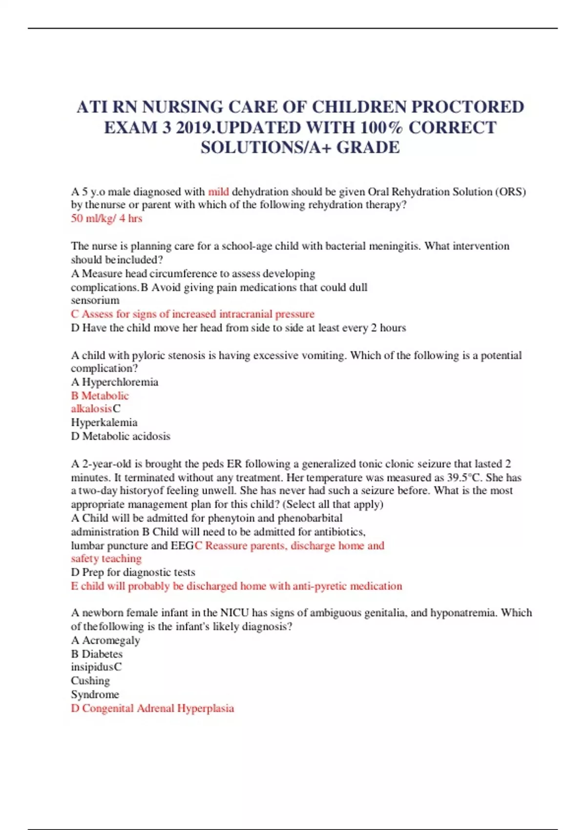 ATI RN NURSING CARE OF CHILDREN PROCTORED EXAM 3 2019.UPDATED WITH 100% ...