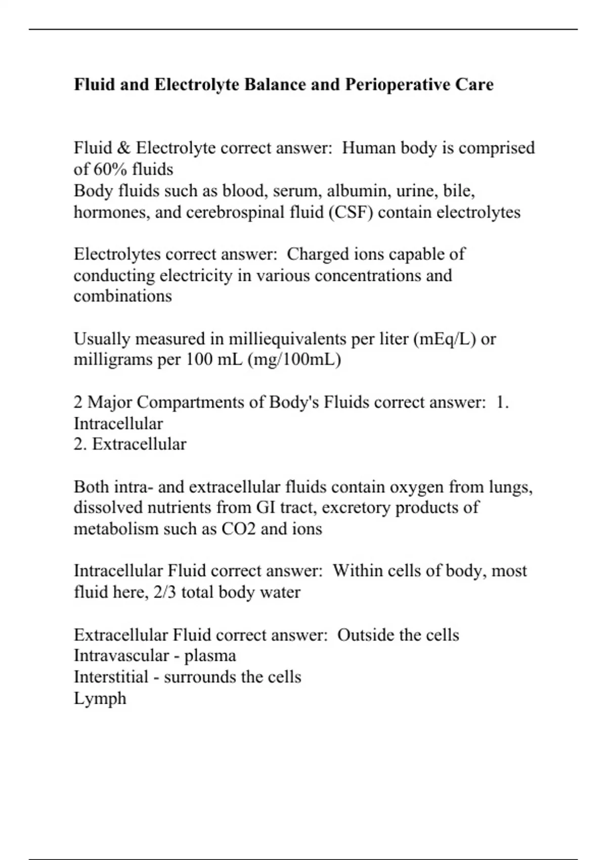 Fluid and Electrolyte Balance and Perioperative Care Questions With