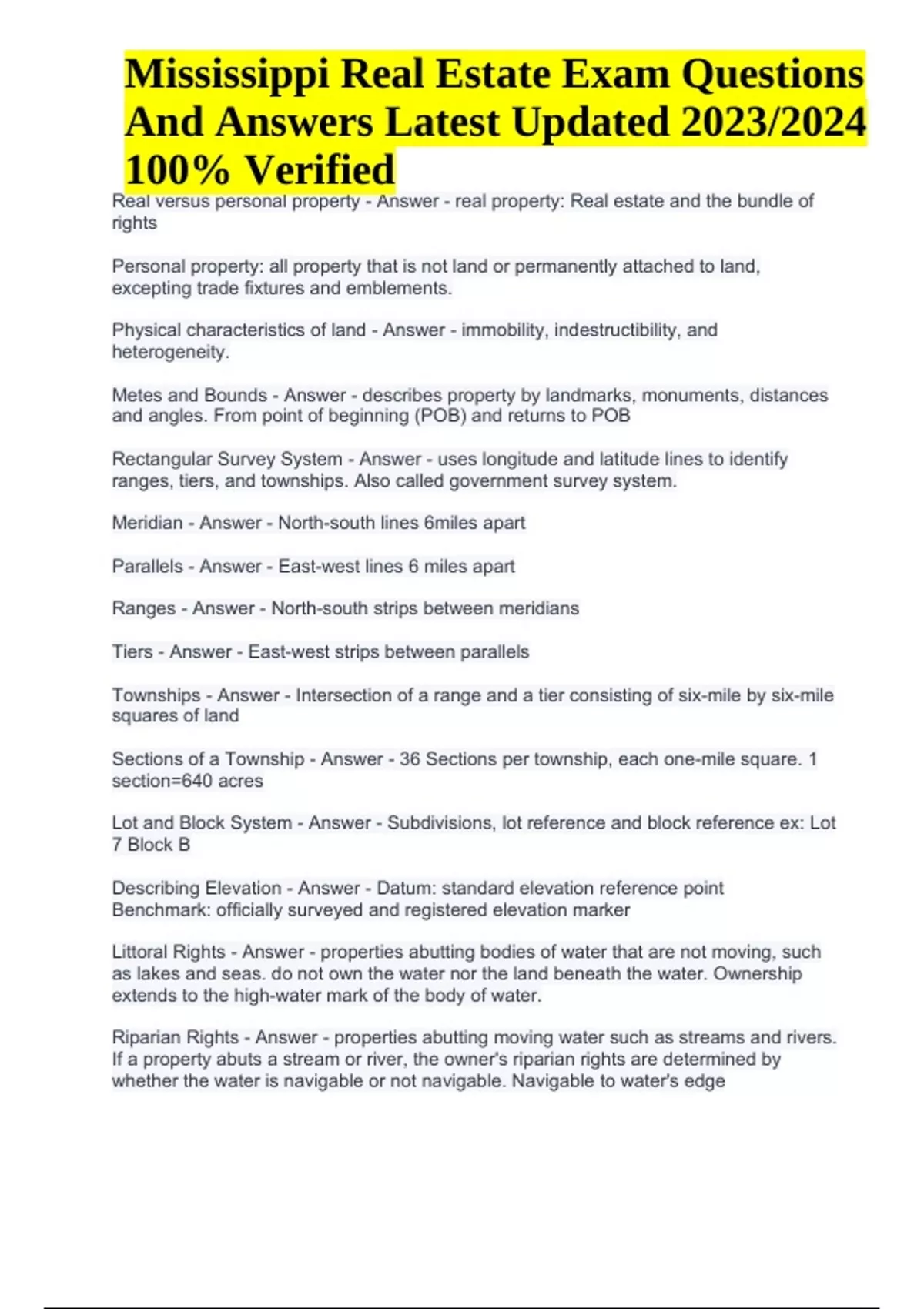 Mississippi Real Estate Exam Questions And Answers Updated 2023/2024