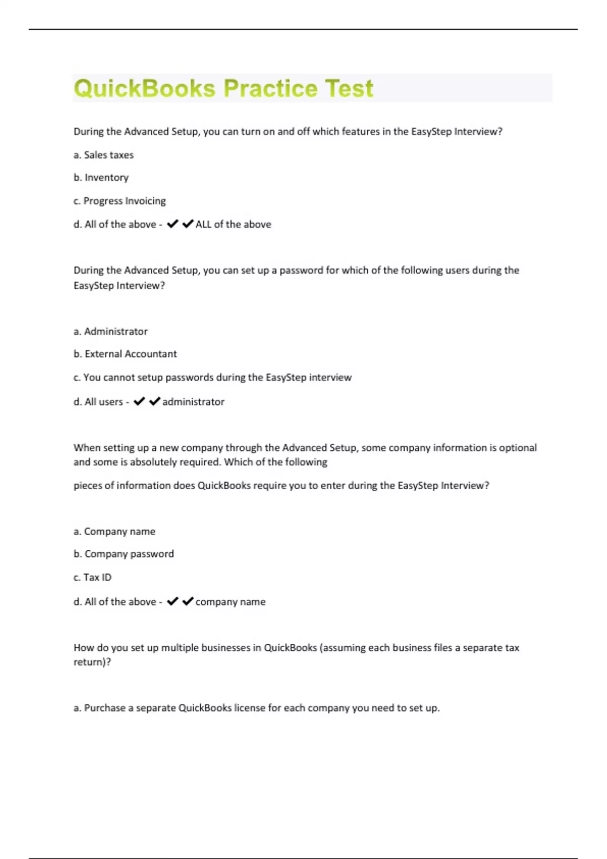 QuickBooks Practice Test 100 Questions and Answers(A+ Solution guide