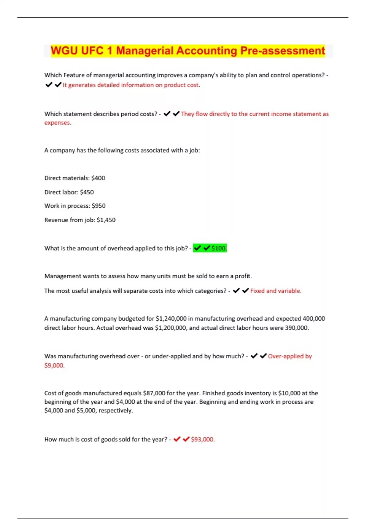 WGU UFC 1 Managerial Accounting Preassessment Latest 2023/24