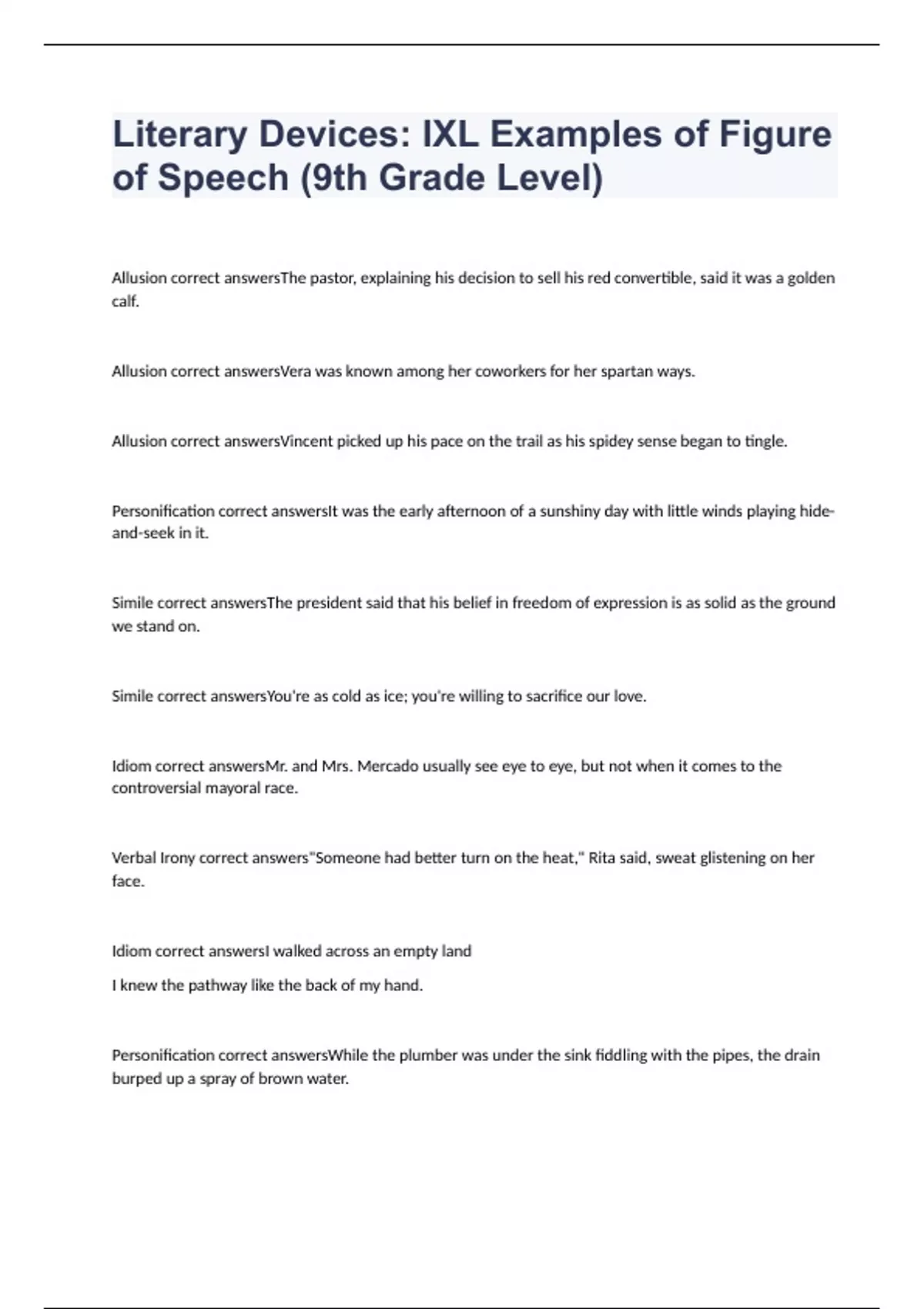 Literary Devices: IXL Examples of Figure of Speech (9th Grade Level ...