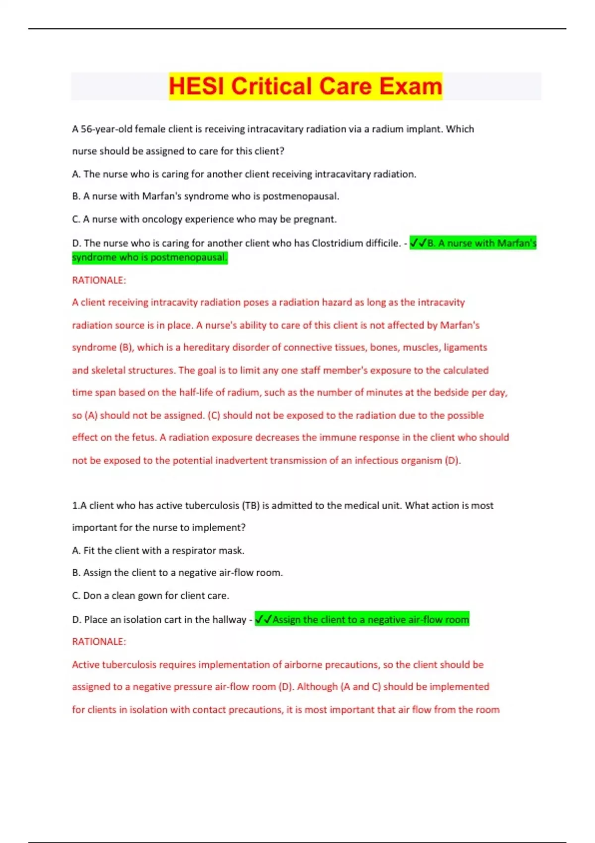 HESI Critical Care Exam Latest 2023/24 Updated & Verified