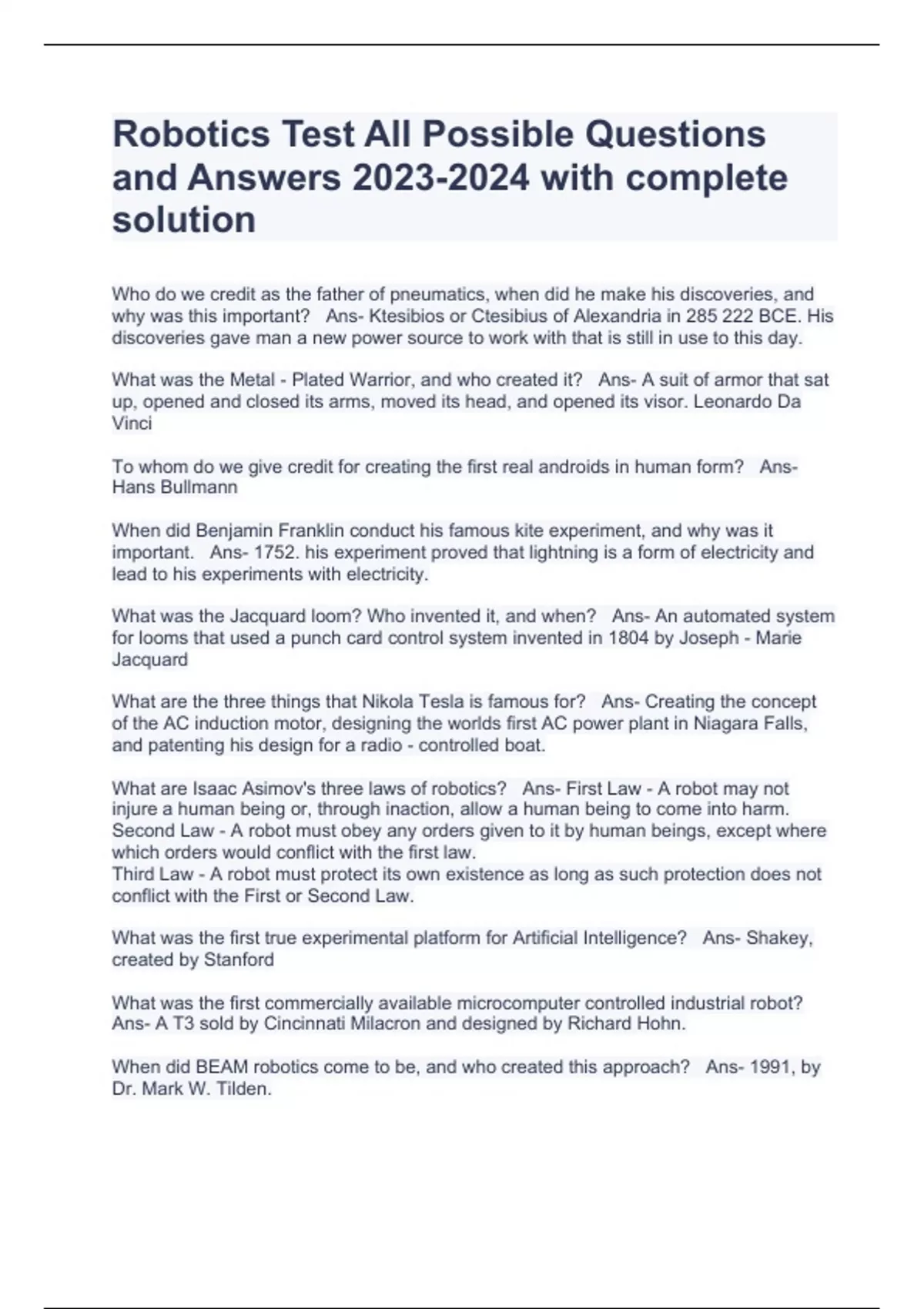 Robotics Test All Possible Questions and Answers with complete solution