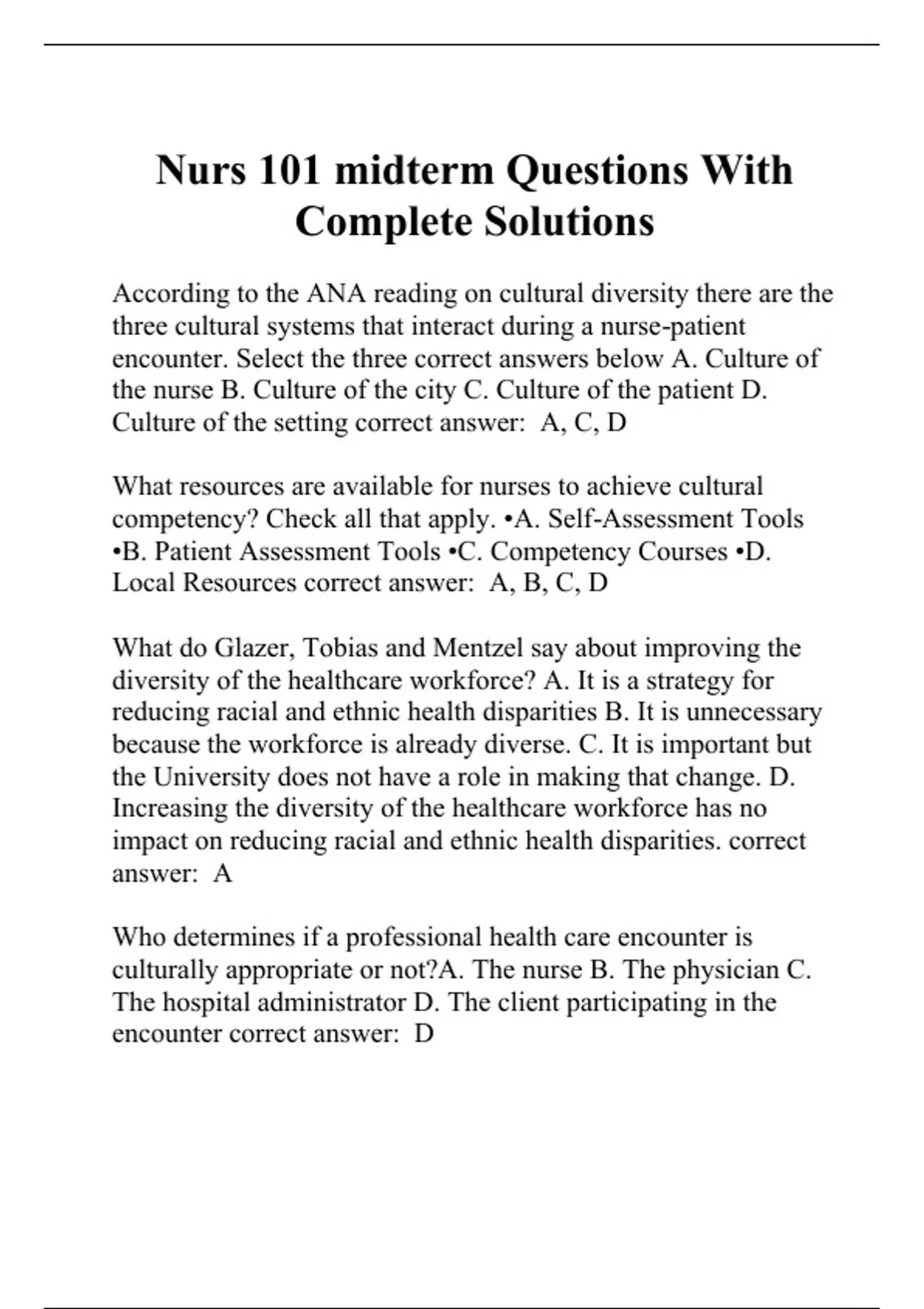 Nurs 101 midterm Questions With Complete Solutions - Nurs 101 - Stuvia US