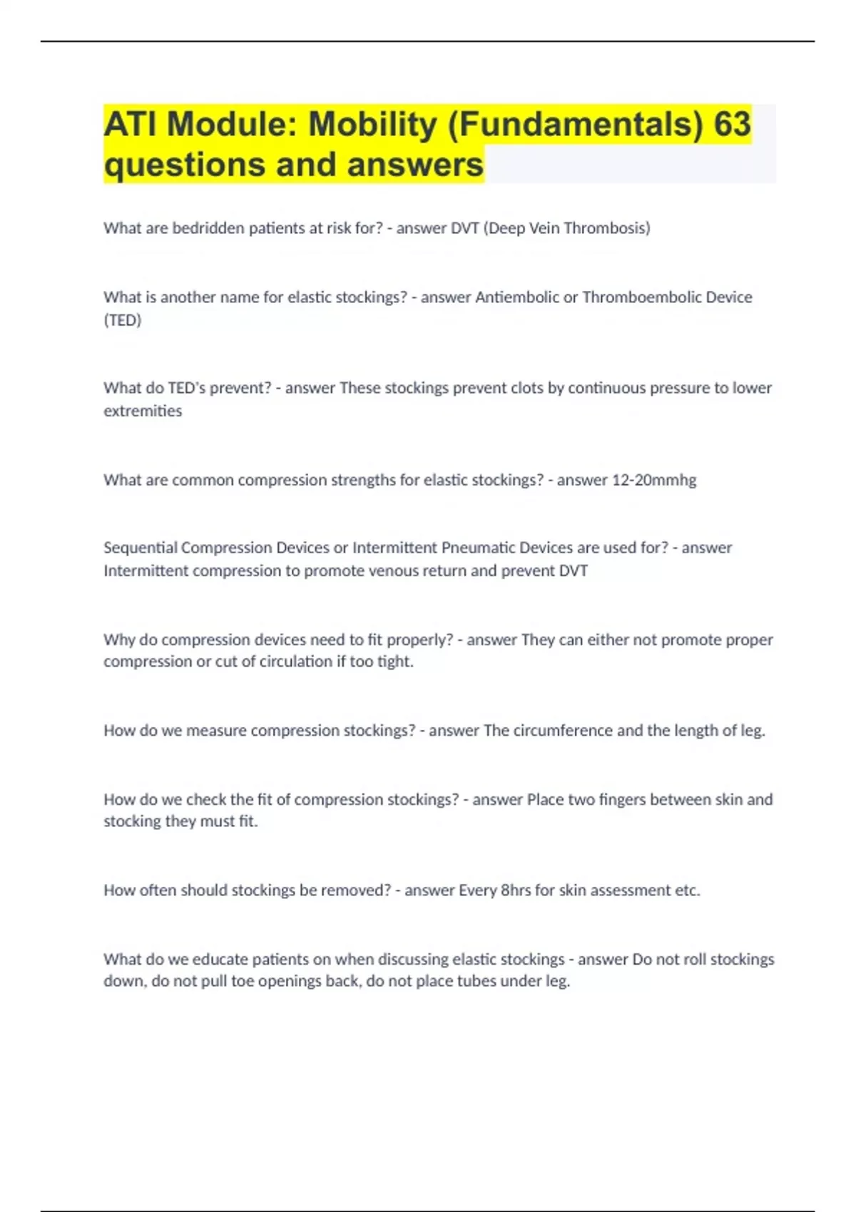 ATI Module Mobility (Fundamentals) 63 questions and answers ATI