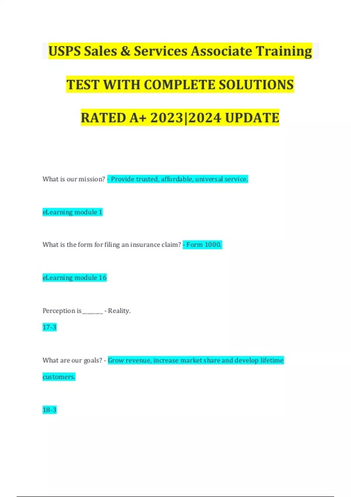 USPS Sales & Services Associate Training TEST WITH COMPLETE SOLUTIONS