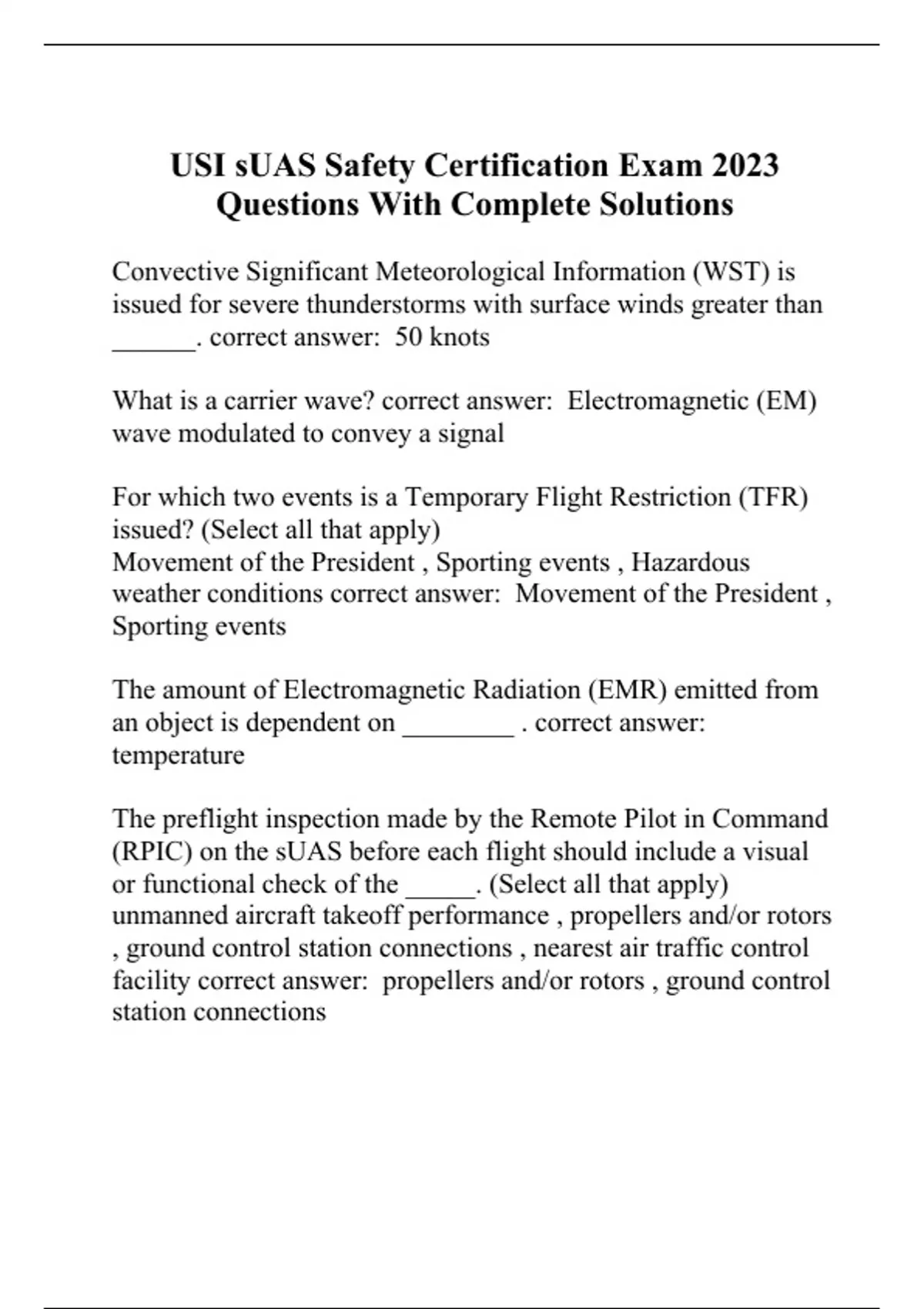 USI sUAS Safety Certification Exam 2023 Questions With Complete