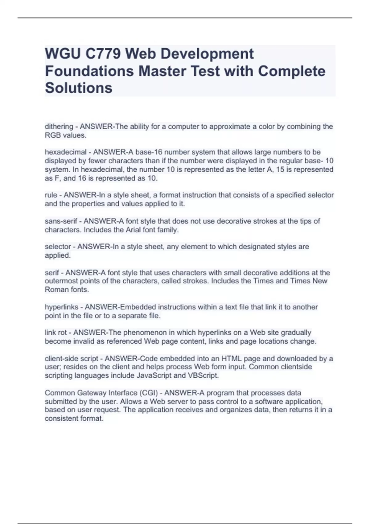 WGU C779 Web Development Foundations Master Test with Complete ...