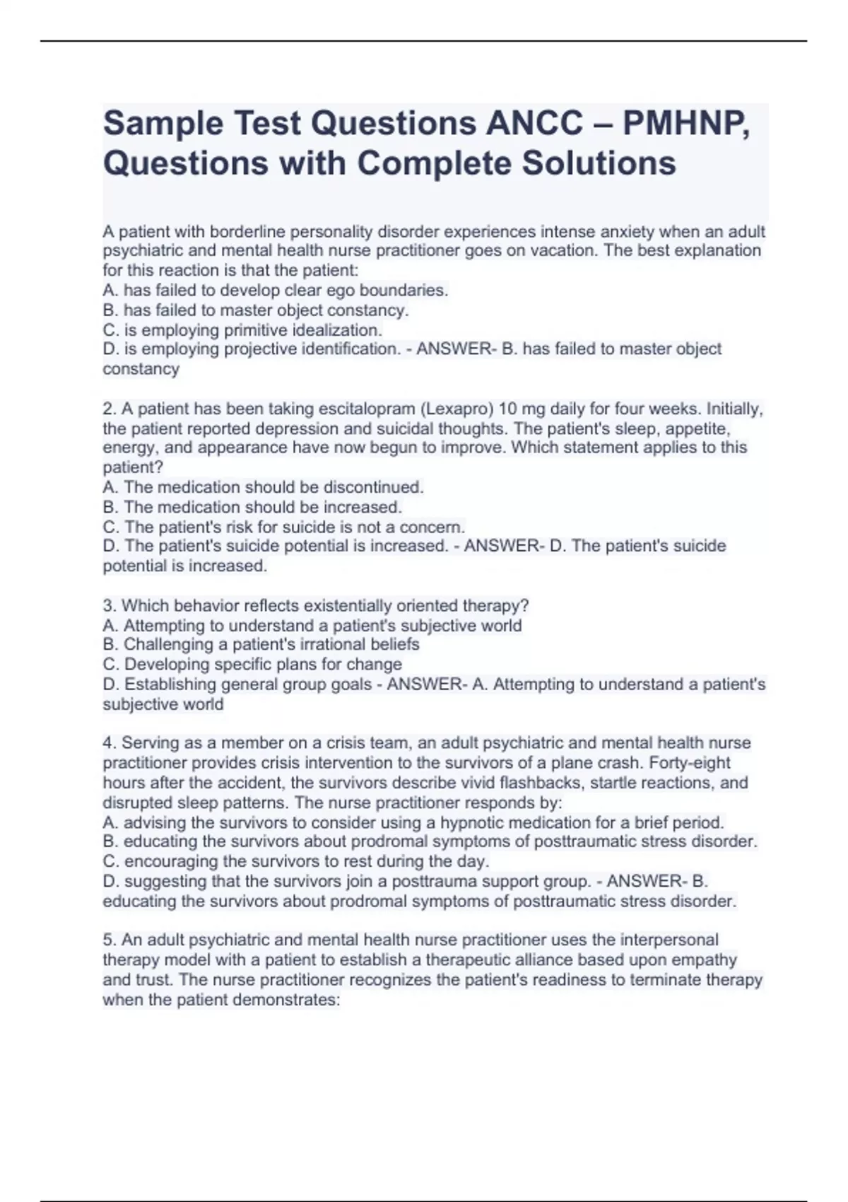 Sample Test Questions ANCC PMHNP, Questions with Complete Solutions