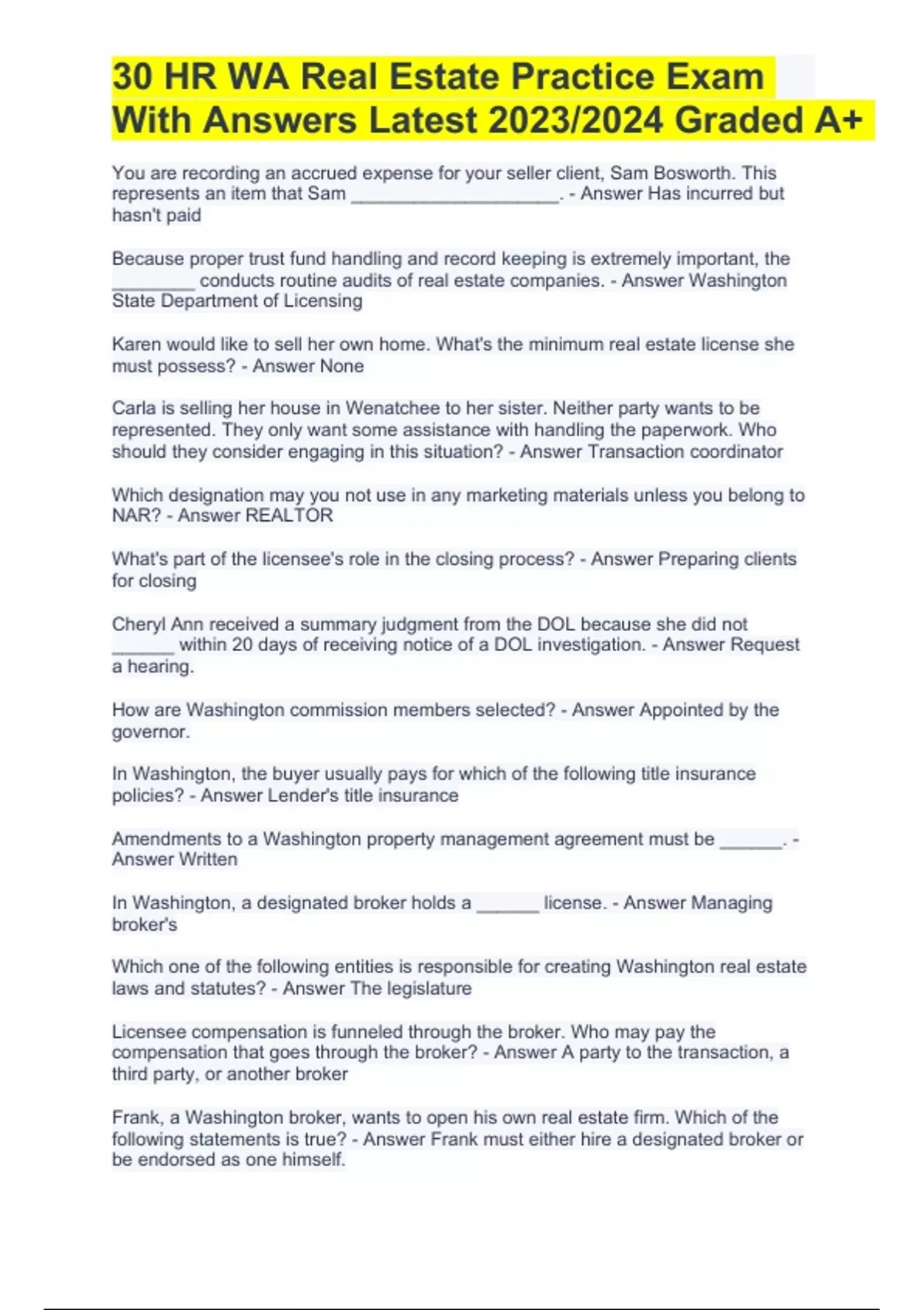 HR WA Real Estate Practice Exam With Answers Updated 2023/2024 Graded 100 HR WA Real Estate