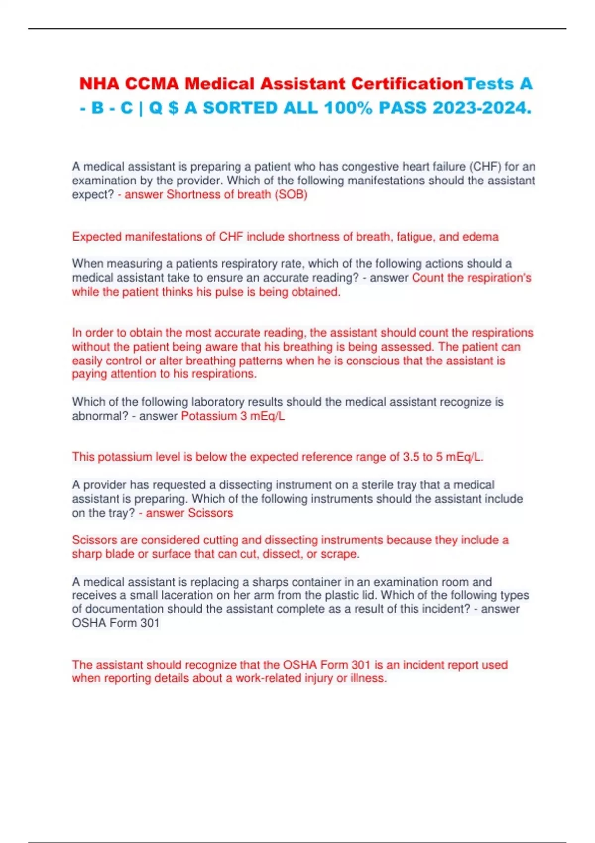 NHA CCMA Medical Assistant Certification Tests A B C Q A SORTED ALL 100 PASS . NHA