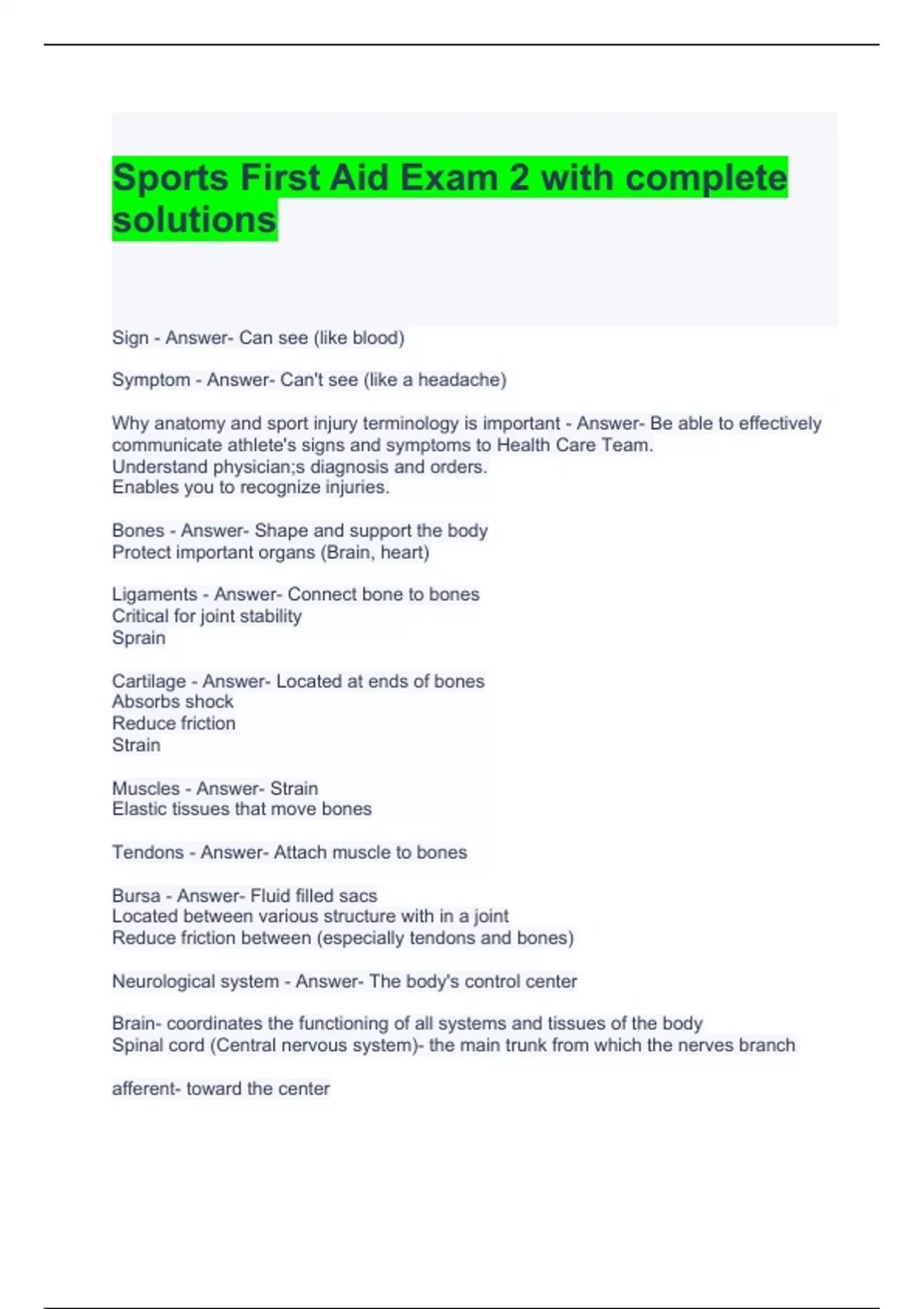 Sports First Aid Exam 2 with complete solutions Sports First Aid