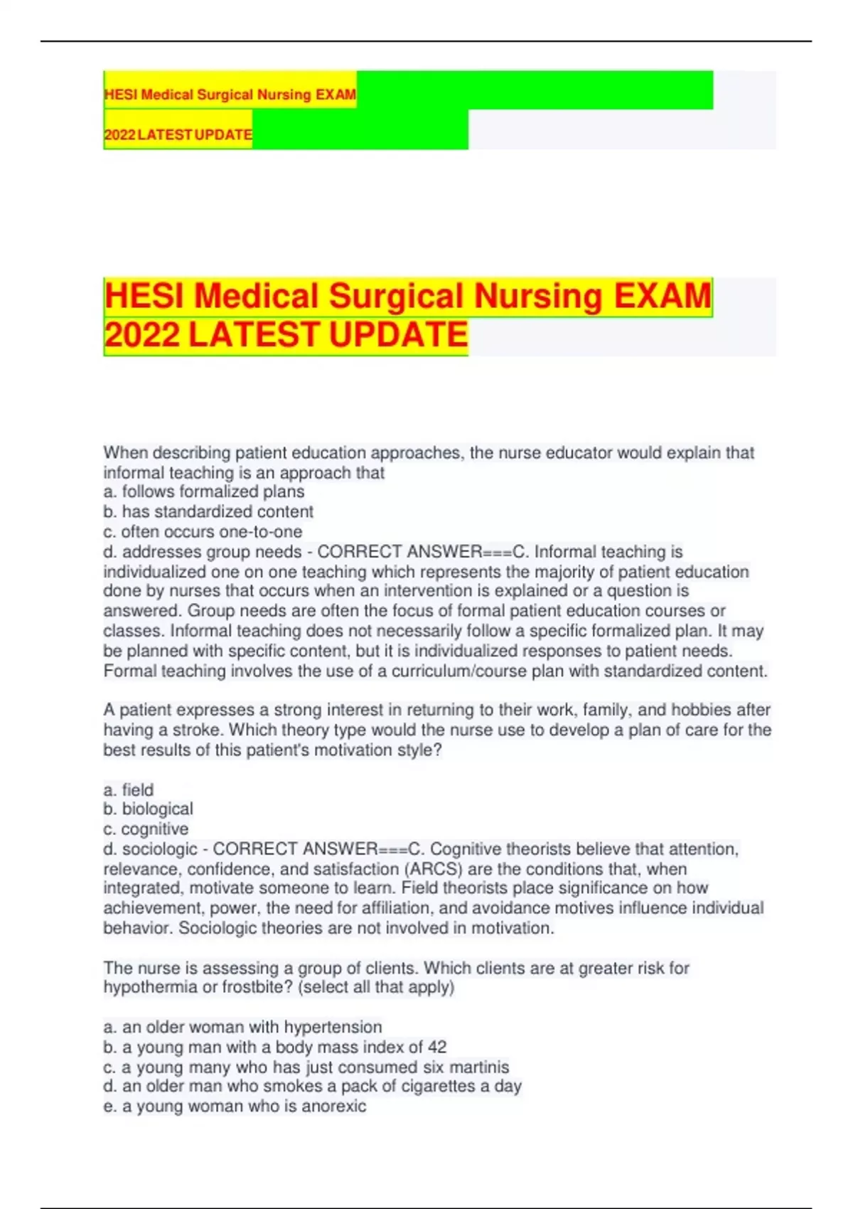 HESI Medical Surgical Nursing EXAM 2022 LATEST UPDATE Hesi exit