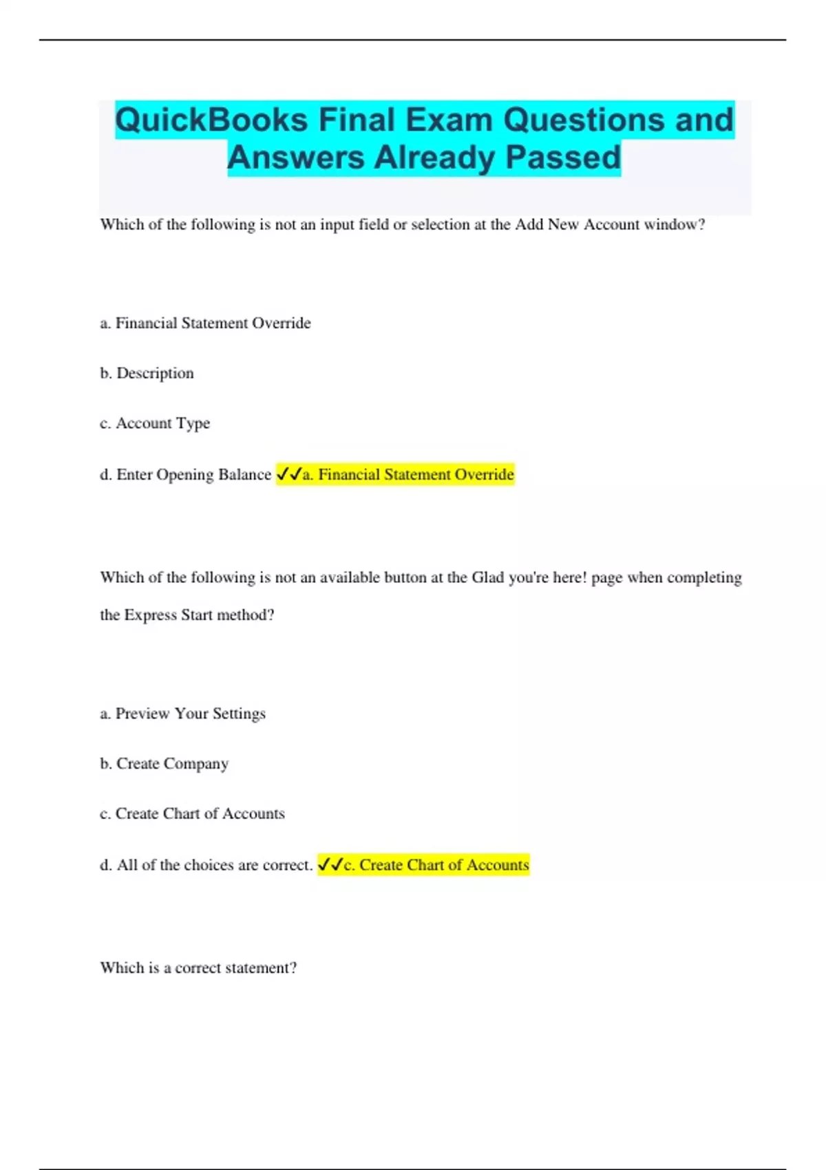 QuickBooks Final Exam Questions and Answers RATED A+ 20232024 LATEST