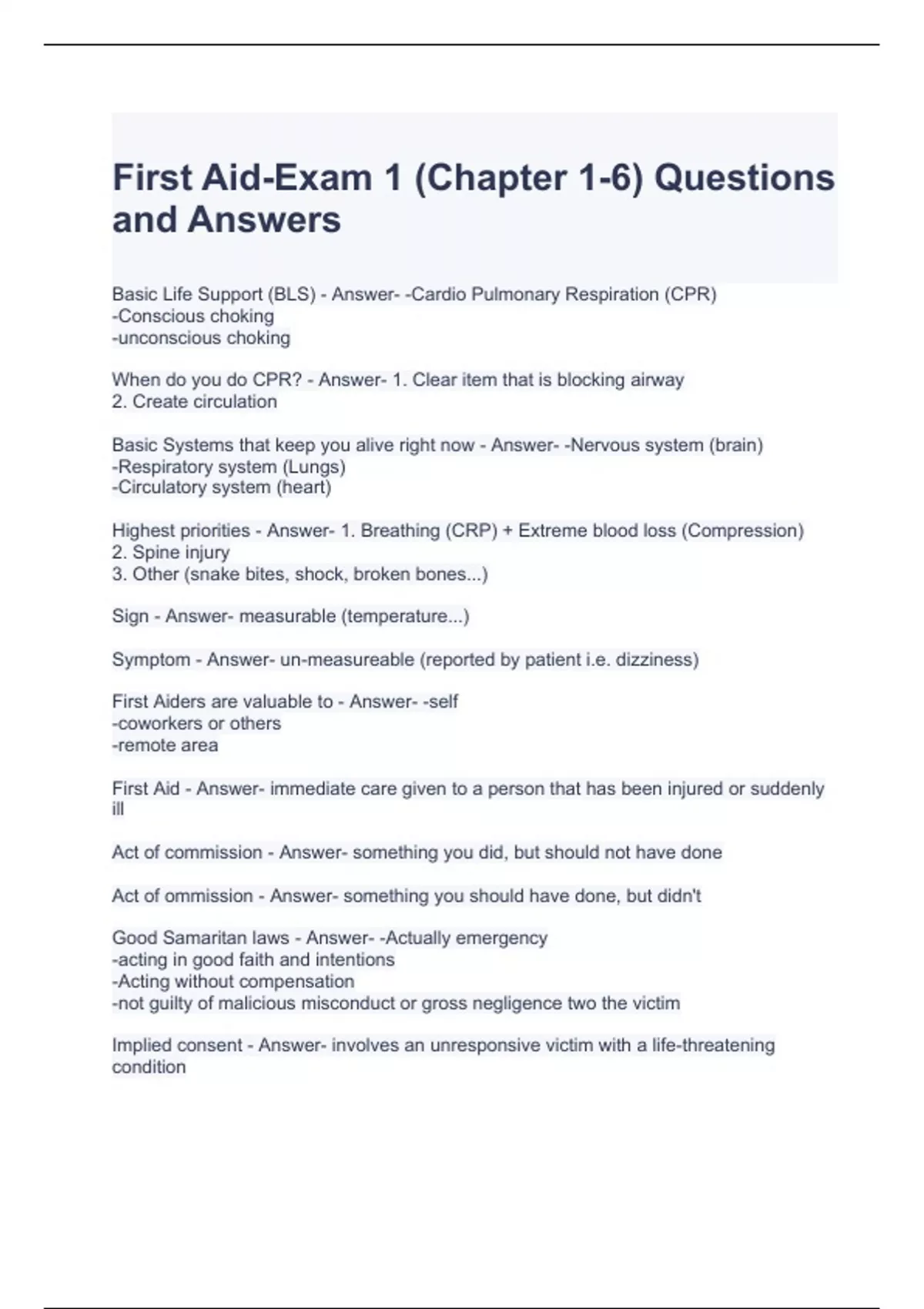 First AidExam 1 (Chapter 16) Questions and Answers First Aid