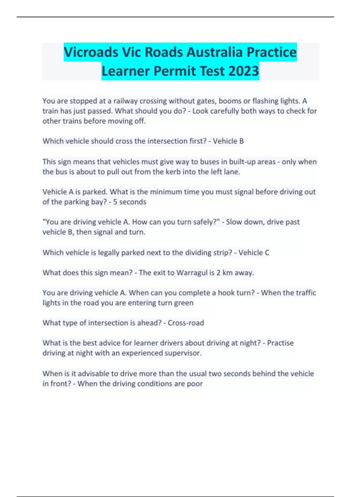 Vicroads Vic Roads Australia Practice Learner Permit Test 2023